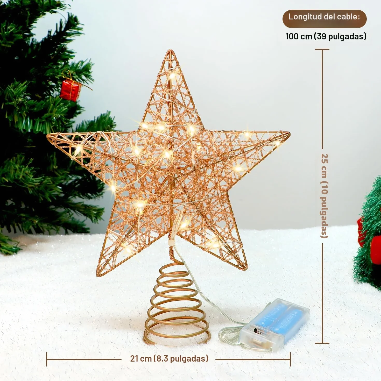 Estrella de Árbol de Navidad Oro Rosa 25CM 20 Luces LED Decorativa Luminosa