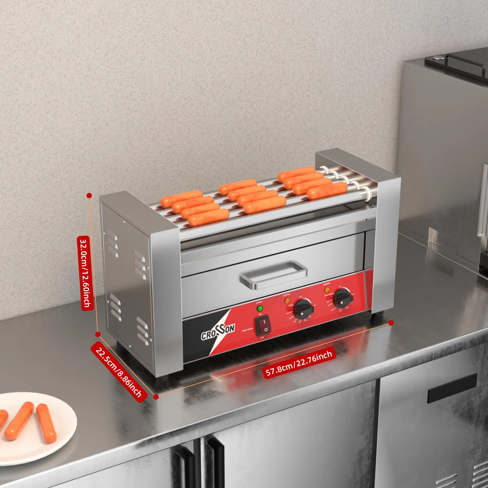 CROSSON Maquina Perritos Calientes 7 Rollos con Calentador de pan,Hot Dog Maquina Comercial de Acero Inoxidable con Control de Temperatura,1050W