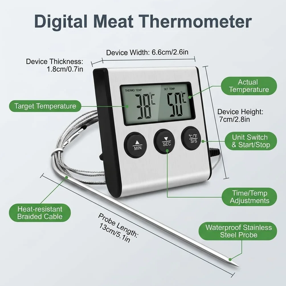 Termómetro Cocina con Sonda, Temporizador integrado, Termometro Horno Digital para Cuisine, Comida, Barbacoa, Liquidos y Aceite, Doméstico Termómetro Carne con Gran Pantalla LCD & Alarma