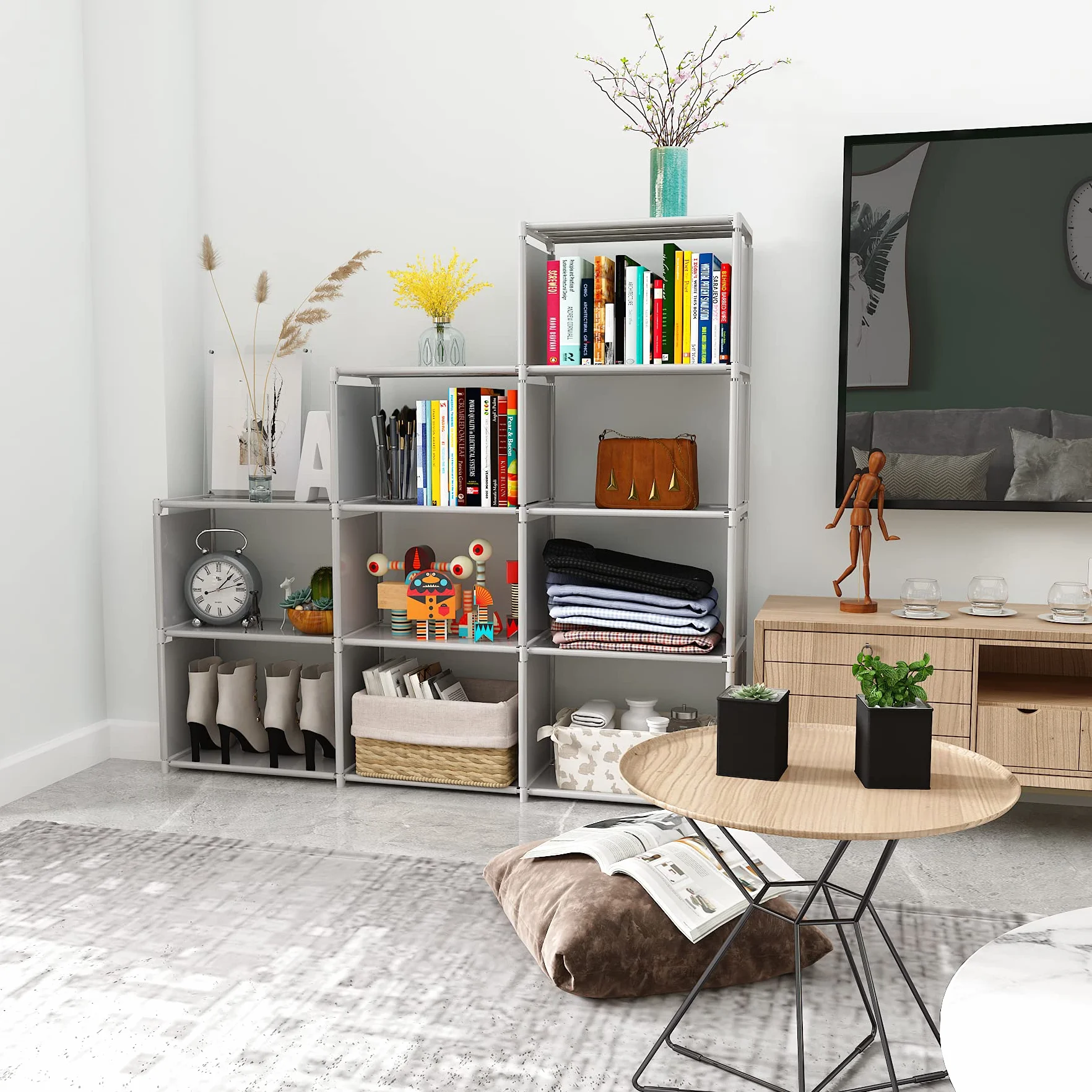 JIUYOTREE Organizador de Almacenamiento de Armario 9 Cubos Modulares Estantería Duradera Gran Capacidad Gris
