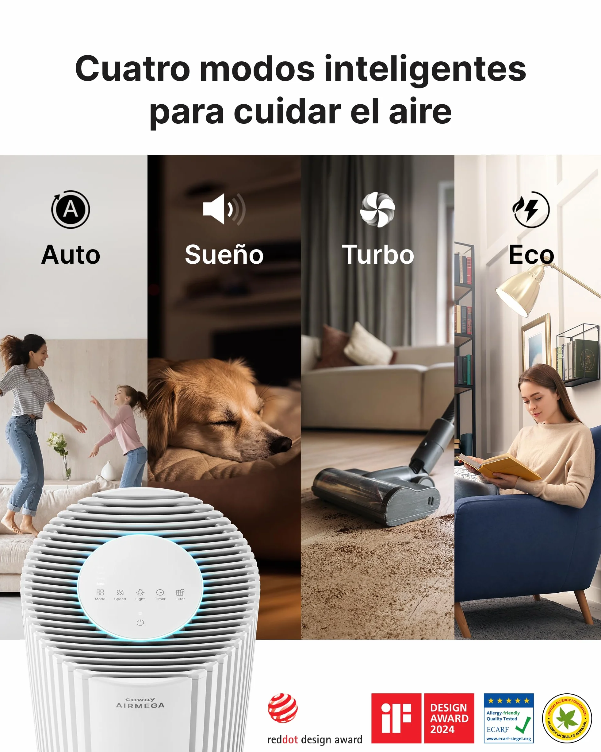 COWAY Purificador de aire para espacios grandes, CADR 713 m³/h, limpia 148 m² en 30 min, filtro HEPA para humo, alergias, pelo de mascotas, olores, sensor PM10, modo ahorro energético, AIRMEGA 350