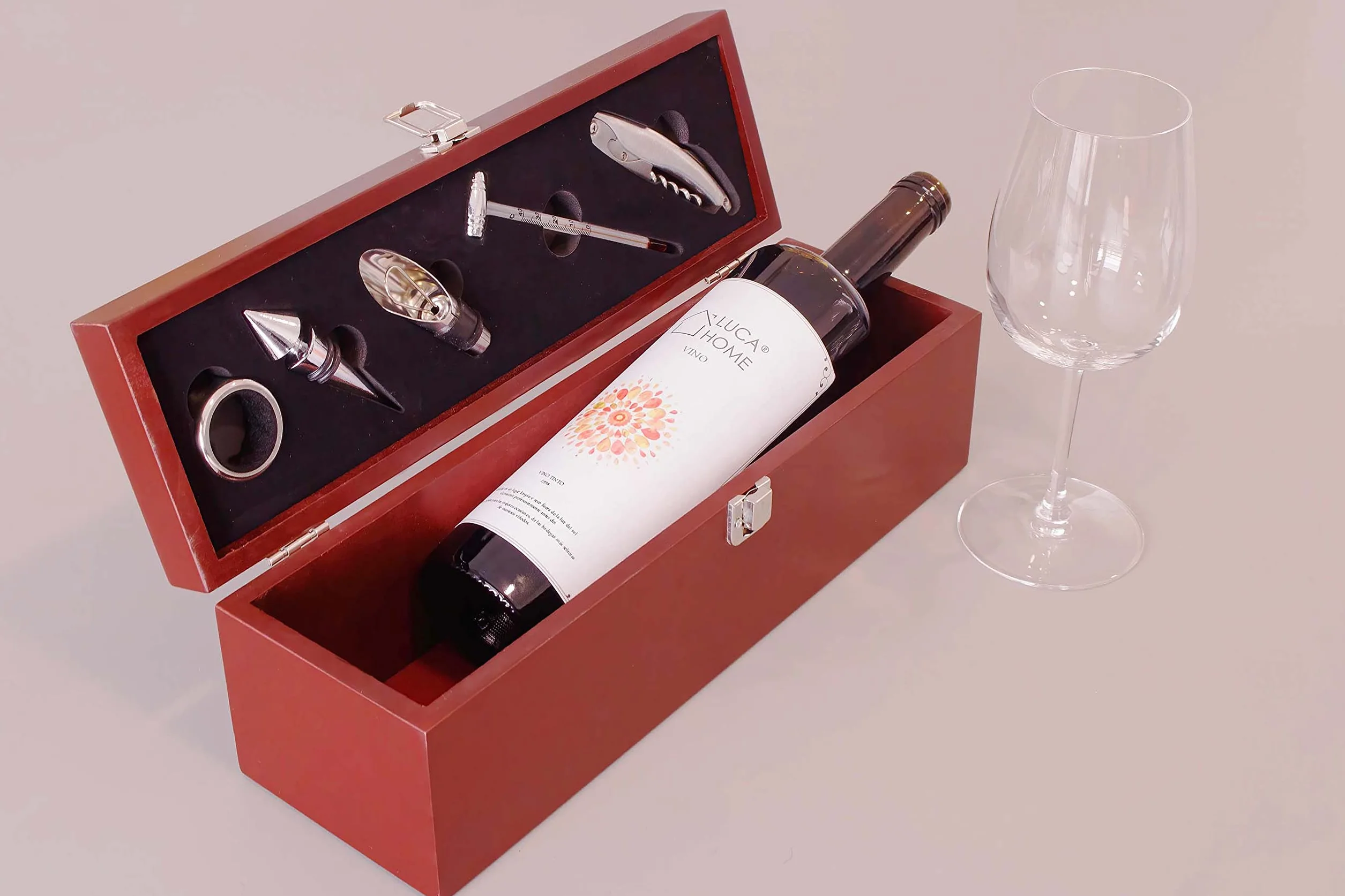 Set de accesorios sommelier con caja de madera para vino, 5 piezas