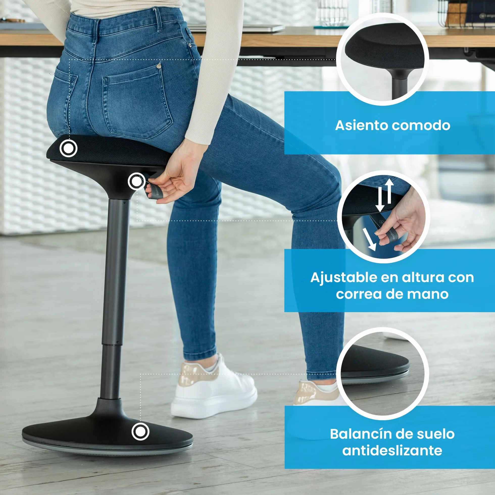 Ergotopia Dykó Taburete ergonómico oficina efecto oscilante altura asiento regulable 56-83 cm giratorio 360° soporte dinámico