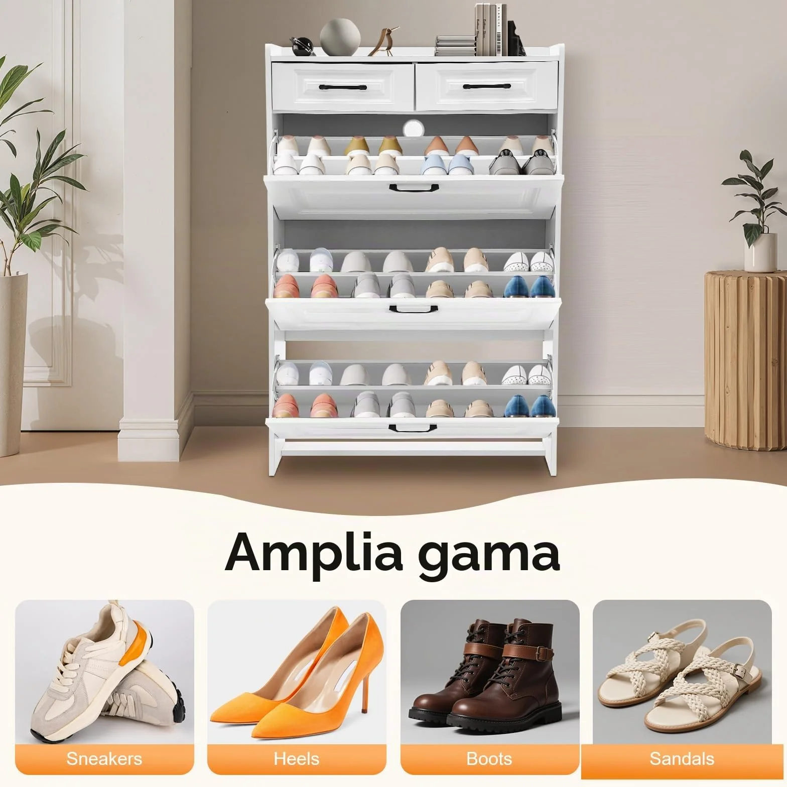Zapatero estrecho de 80 x 24 x 120 cm, para 16 – 20 pares, zapatero blanco con 3 puertas abatibles, 2 cajones y estantes ajustables en altura, estrecho para pasillo, vestíbulo, salón