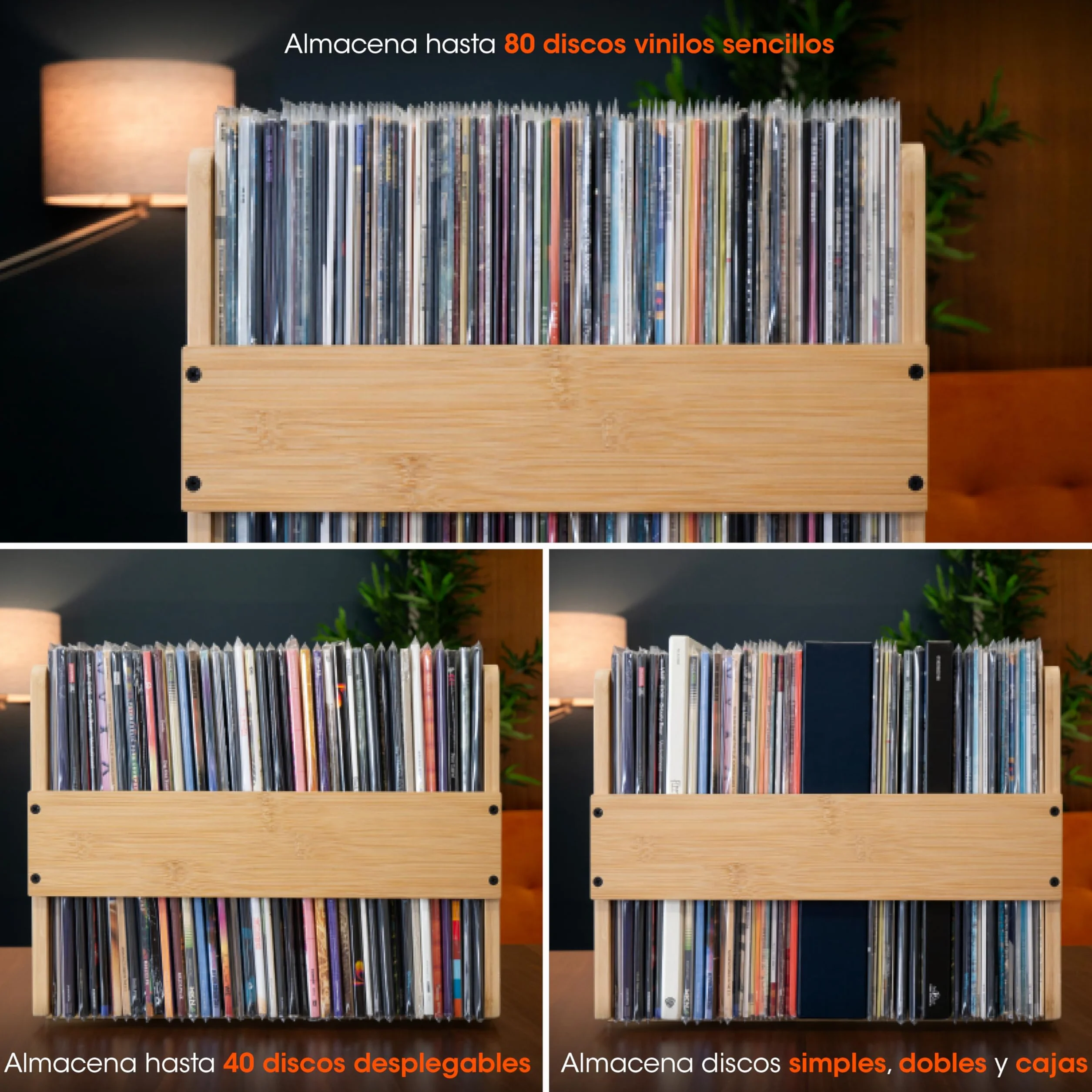 SPINCARE Caja de Almacenamiento para Discos de Vinilo de Madera de Bambú Premium 12 pulgadas Capacidad 80 Discos