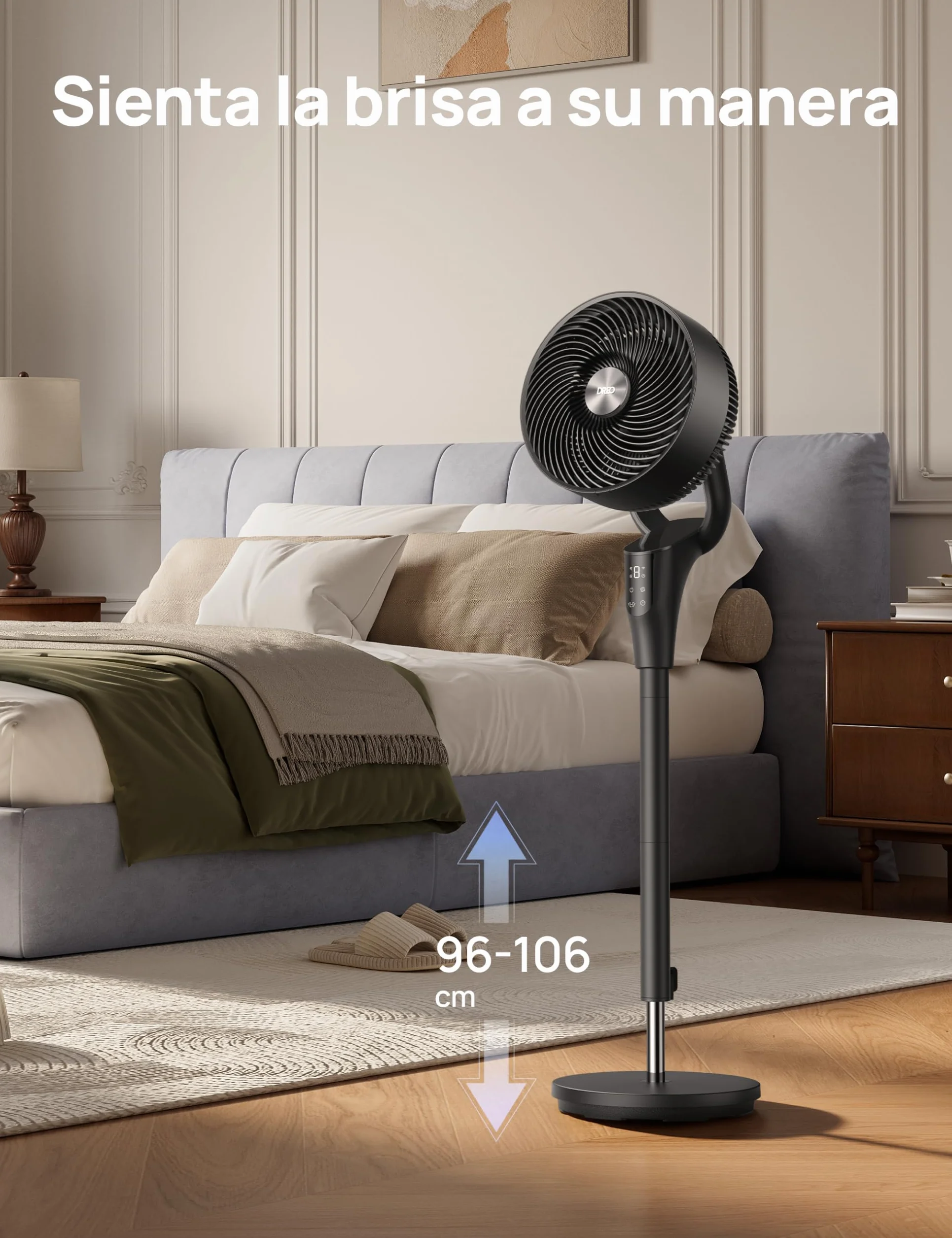 Dreo Ventilador de Pie Silencioso para Dormitorio [Mejorado], Flujo de Aire 27m, 20dB, Oscilación 90°, Motor DC, 8 Velocidades, 3 Modos, Altura 96–106 cm, Temporizador 8H, Inclinación 105°
