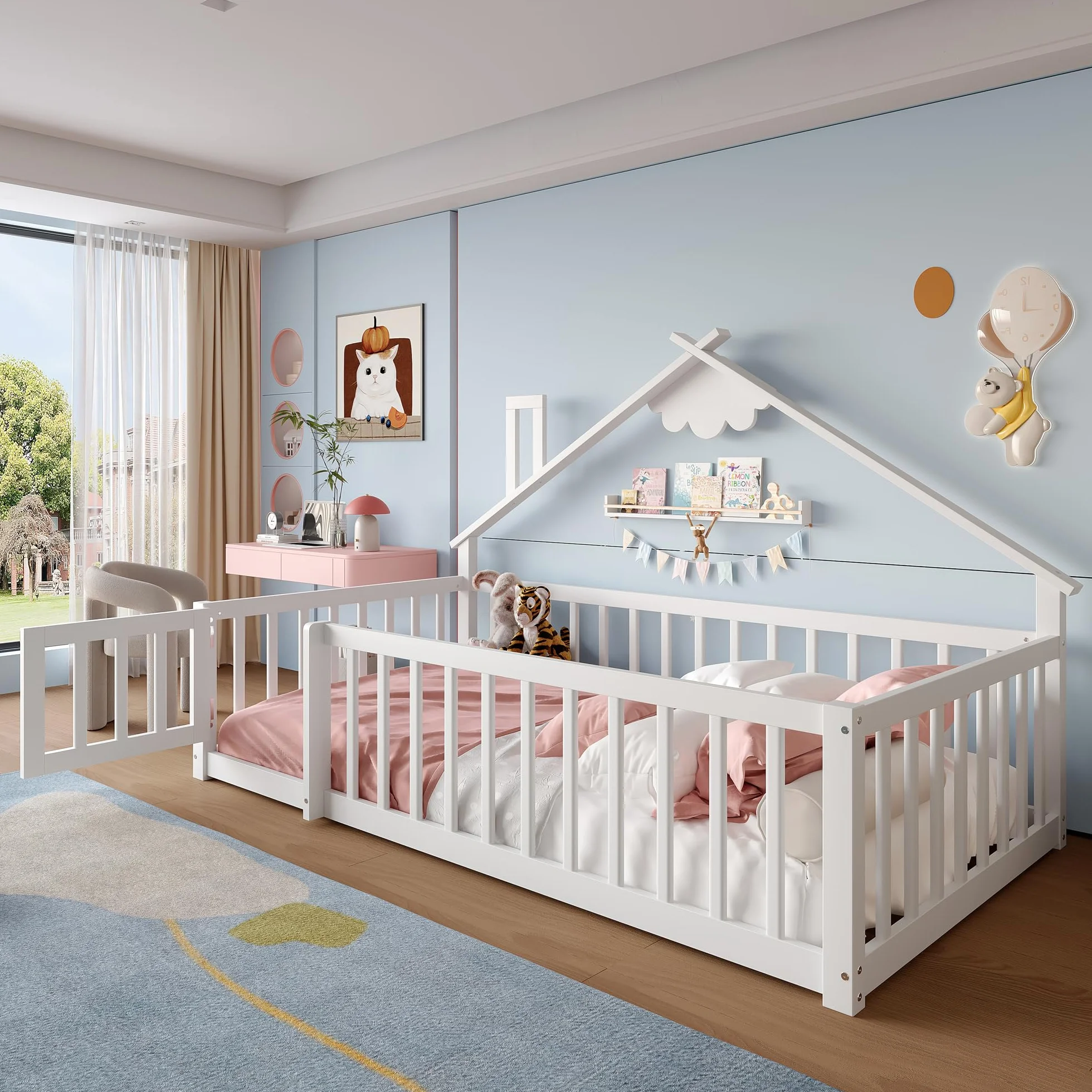 Cama de suelo de 90 x 190 cm con protección anticaída y puerta con cerradura, estructura de cama infantil, cama de madera de pino con somier, cama de madera, sin colchón