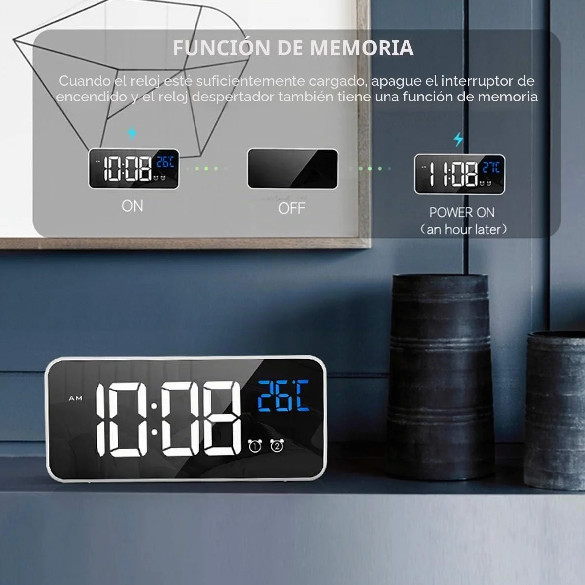Reloj Despertador Digital LED con Pantalla de Temperatura, Alarma de Espejo Portátil, Doble Alarma, Atenuador Brillo 4 Niveles Blanco