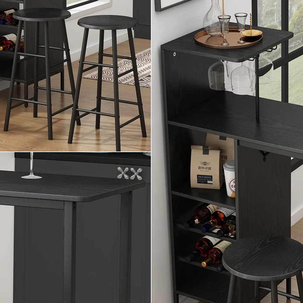 Vicco Juego de Mesa de Bar Naila, Negro, 121.5 x 40 cm con 2 taburetes, Apto como Comedor con Superficies de Almacenamiento para Guardar Objetos