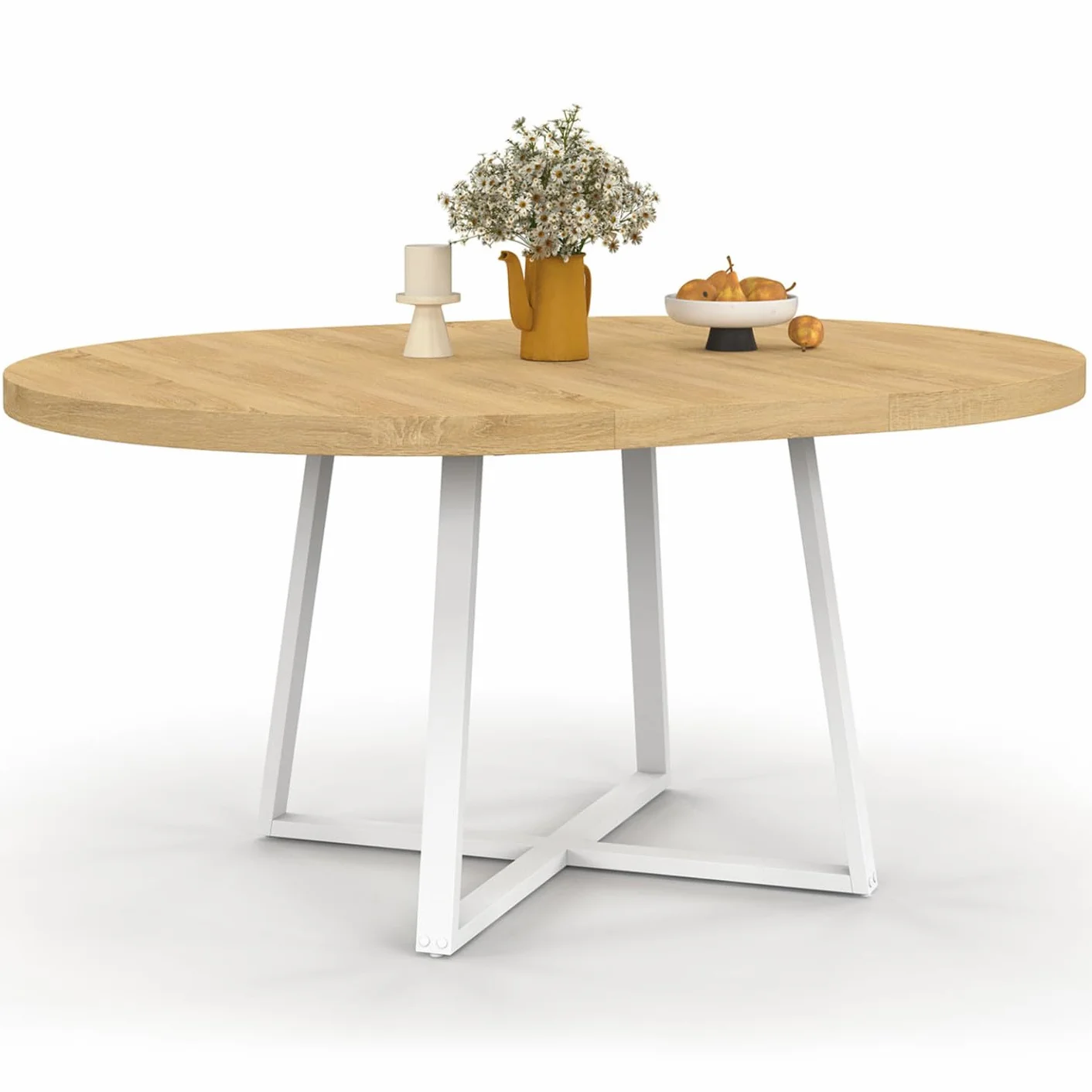 IDMarket Selma – Mesa de comedor extensible redonda para 4-8 personas, madera y blanco, 110-150 cm