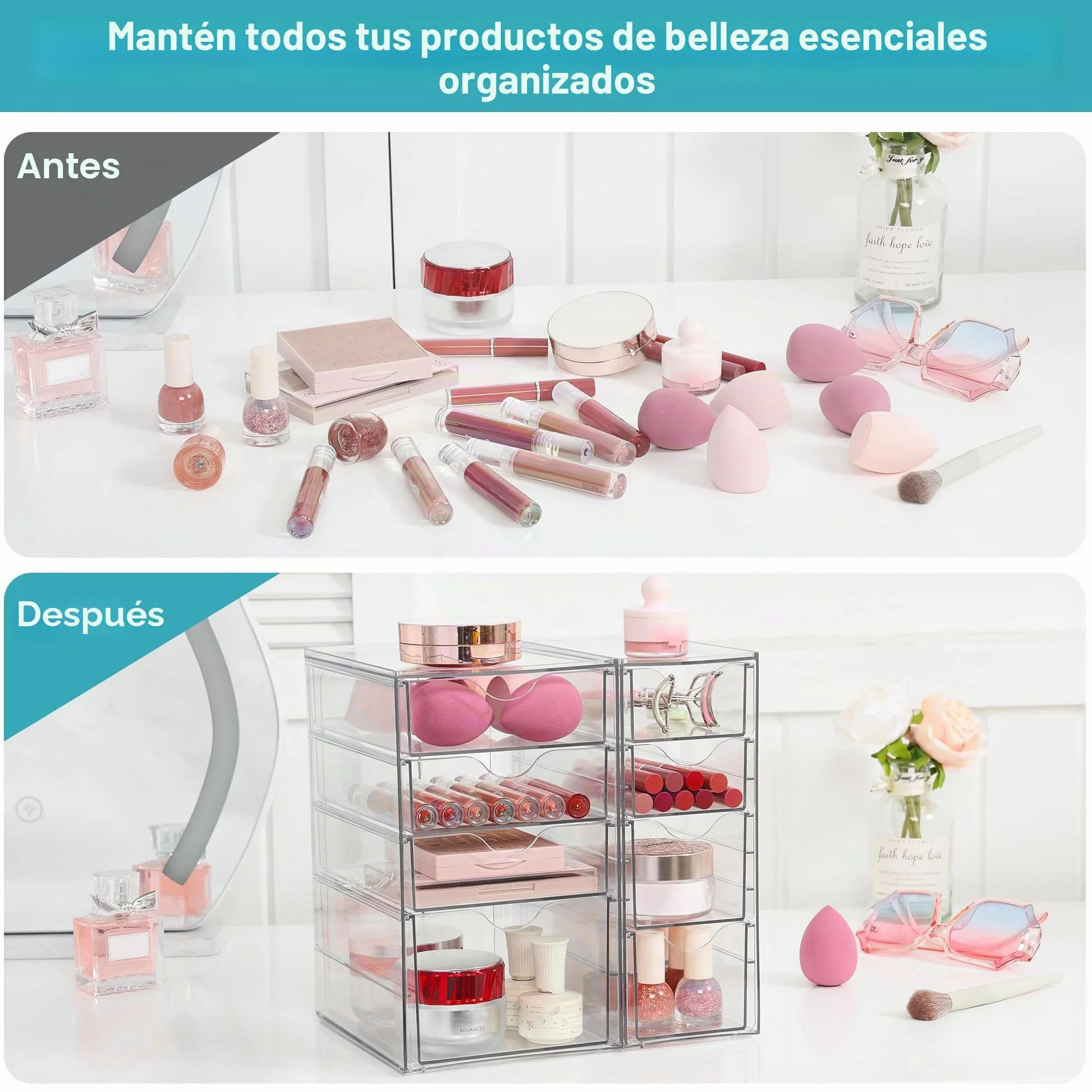 Vtopmart Organizador de escritorio con 8 cajones, organizador de oficina, organizador de escritorio transparente para oficina, manualidades, maquillaje, bolígrafos