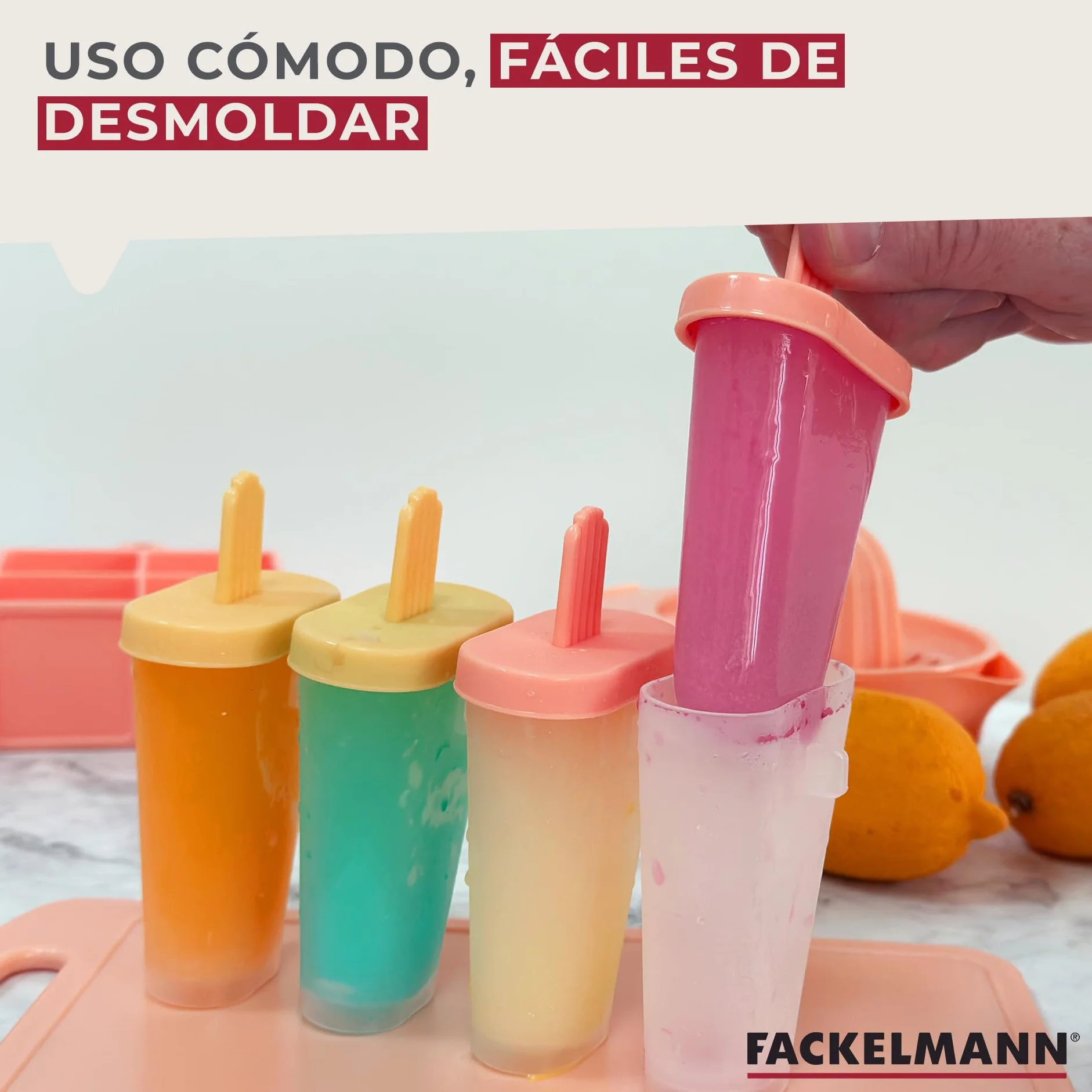 Fackelmann Poleros Moldes para Helados, Polipropileno de Grado Alimenticio, 4 uds, 15x6x11 cm, Amarillo y Naranja Pastel