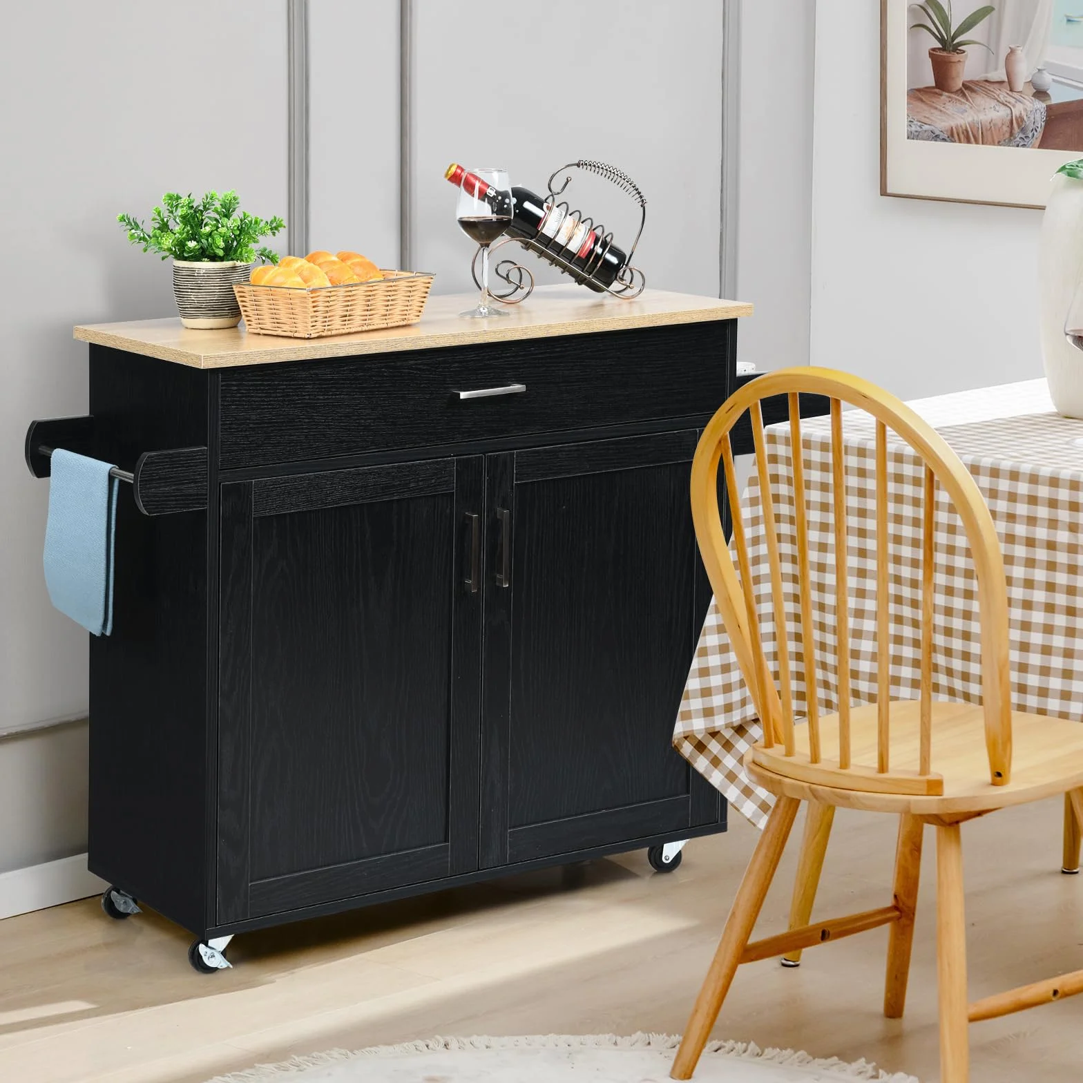 KOMFOTTEU Carro de Cocina Auxiliar, Carrito de Servicio con Cajón y Estante Ajustable, Estantería Móvil de Comedor con Ruedas Universales con Freno, de Madera, 116 x 40 x 85 cm (Black)