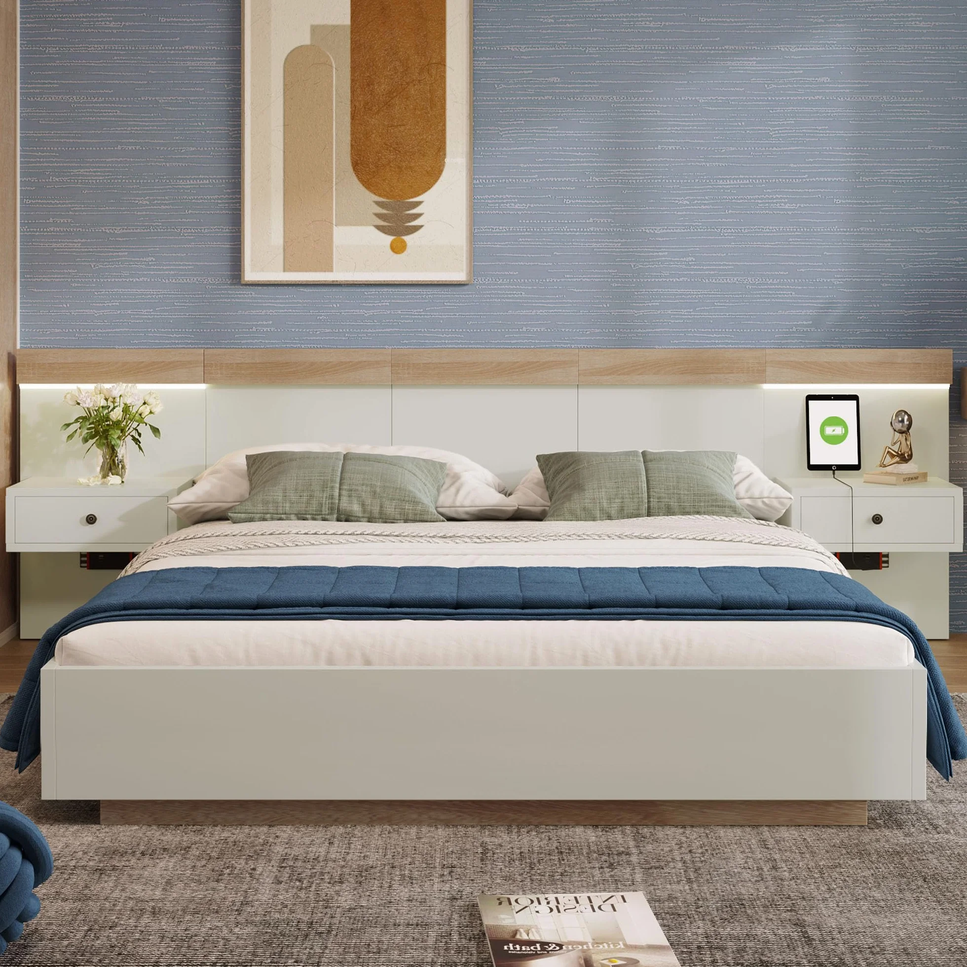Dolamaní Dormitorio Juego completo 180 x 200 cm, cama doble con 2 mesitas de noche, cama de madera con cabecero y marco de cama, con 2 cajones, blanco (doble*180, con mesita de noche)