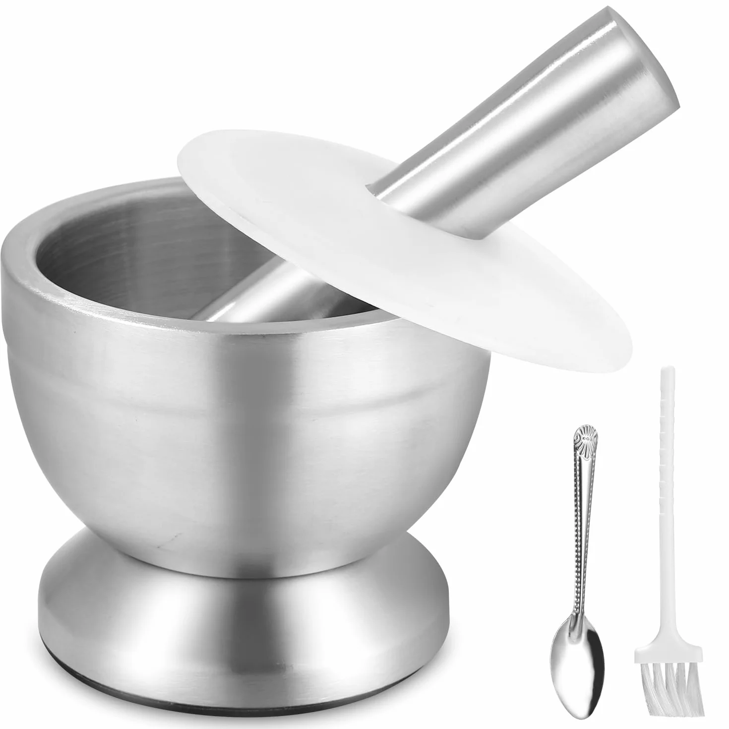 Mortero de Cocina de Acero Inoxidable Con Cuchara y Tapa de Silicona - Molinillo de Especias de Primera Calidad, Trituradora y Tazón de Hierbas - Perfecto Para Moler, Mezclar y Almacenar