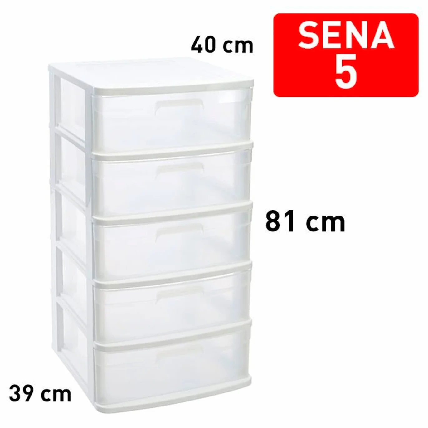 Tradineur - Cajonera de ordenación Sena con 5 cajones opacos, plástico, torre de almacenaje multiusos, hogar, 81 x 40 x 39 cm, blanco