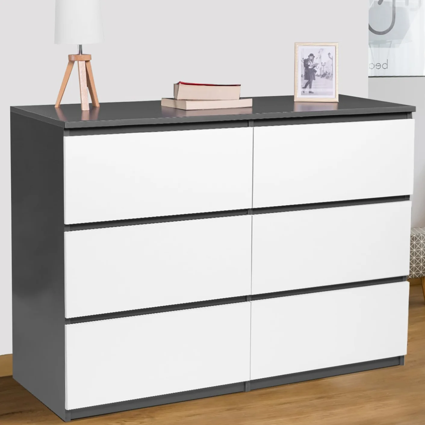 IDMarket TOMI - Cajonera 6 cajones 110 cm madera gris y blanco