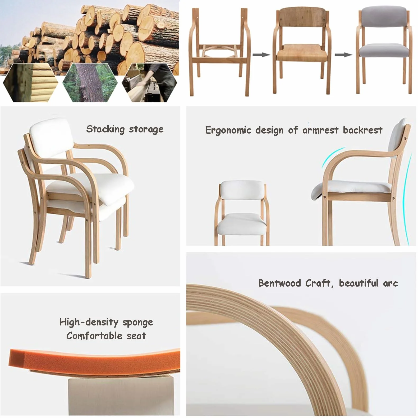 Sillas de Comedor de Madera Maciza con Brazos Silla de Cocina Tapizada Sillón de Sala de Estar con Respaldo Moderno Oficina Ocio Salón Recepción Café Sillas Accent Reposabrazos Carga Máxima 150kg