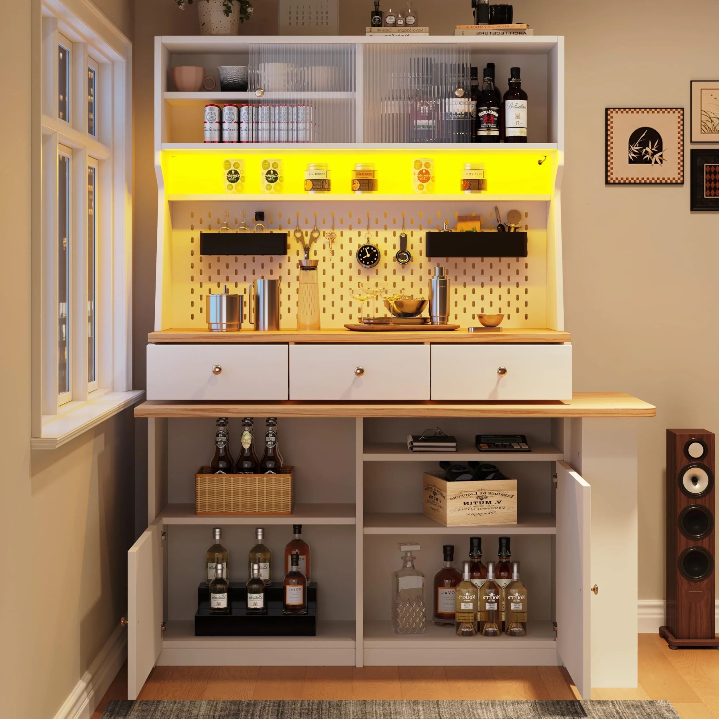 Moimhear Armario de cocina (137x45x178 cm), buffet de cocina alto, buffet multiusos, armario de mesa, armario de almacenamiento con dos puertas y tres cajones, blanco+madera
