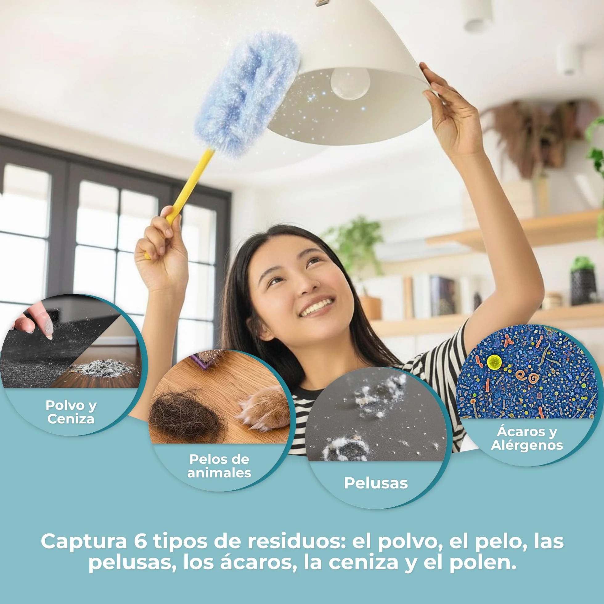 PORTENTUM Plumero Atrapapolvo, Set de 26 Recambios y 1 Mango - Kit de Limpieza Atrapa y Retiene Polvo, Pelo de Mascotas y Alérgenos, Plumero Quitapolvo Multiusos para Muebles, Coche y Electrónica