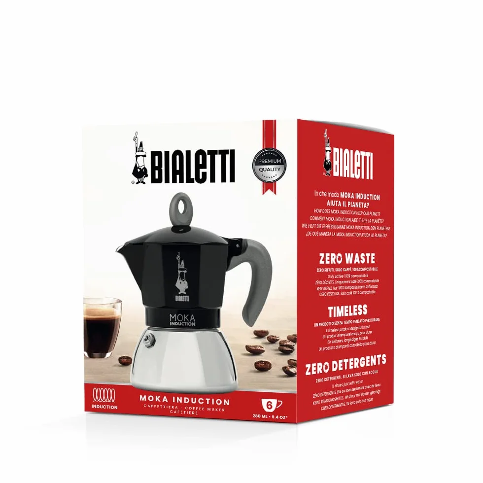 Bialetti Cafetera Moka Inducción 6 Tazas Café Espresso 280 Ml Negro