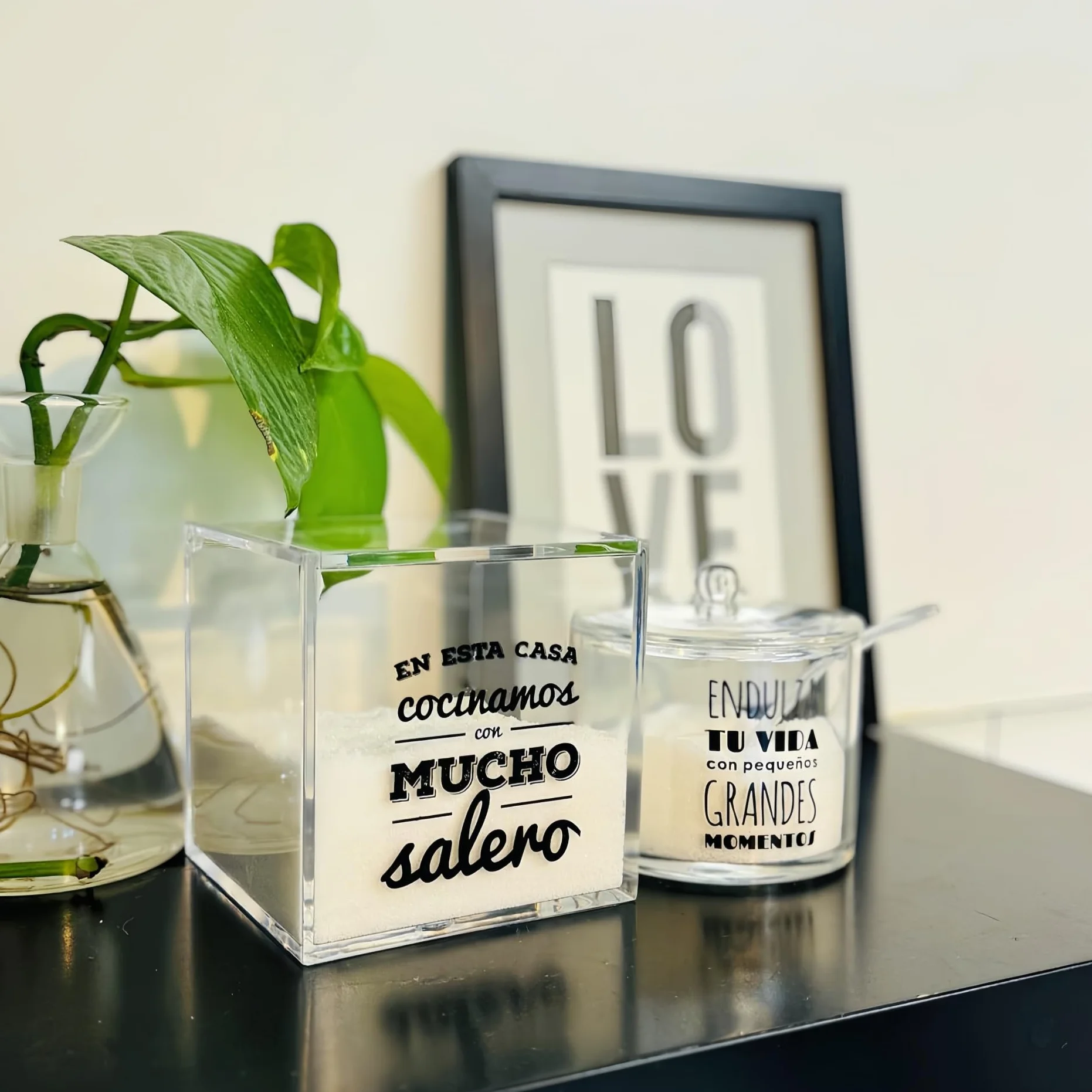 Juego de Salero y Azucarero de Cocina Acrílico Transparente con Cuchara y Tapa