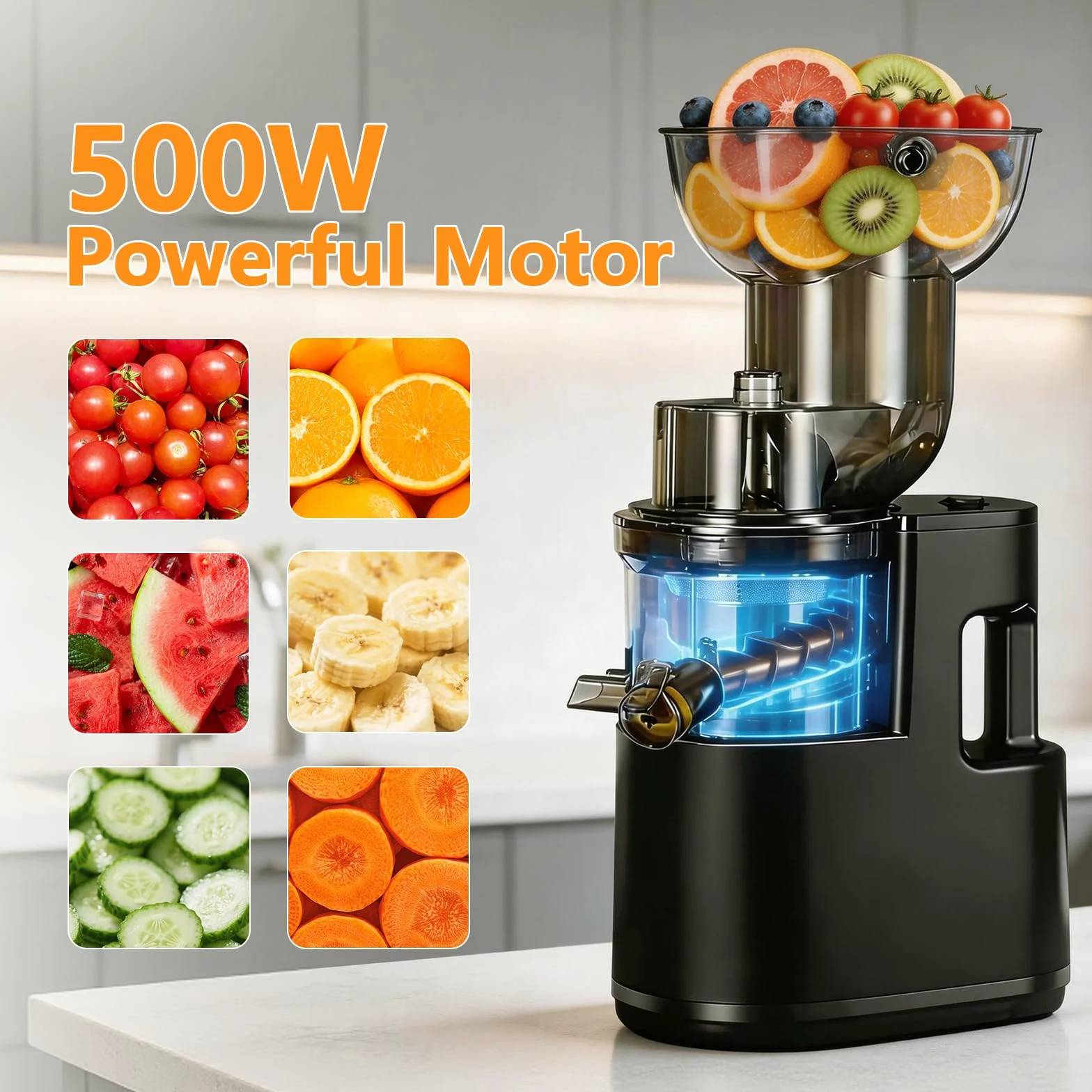 Extractor de Zumos y Verduras, 500W Licuadora Prensado en Frio para Verduras Frutas Enteras, Slow Juicer con Apertura Extractor de 170mm, Fácil Montaje y Limpieza, Sin BPA, Alto Rendimiento de Zumo