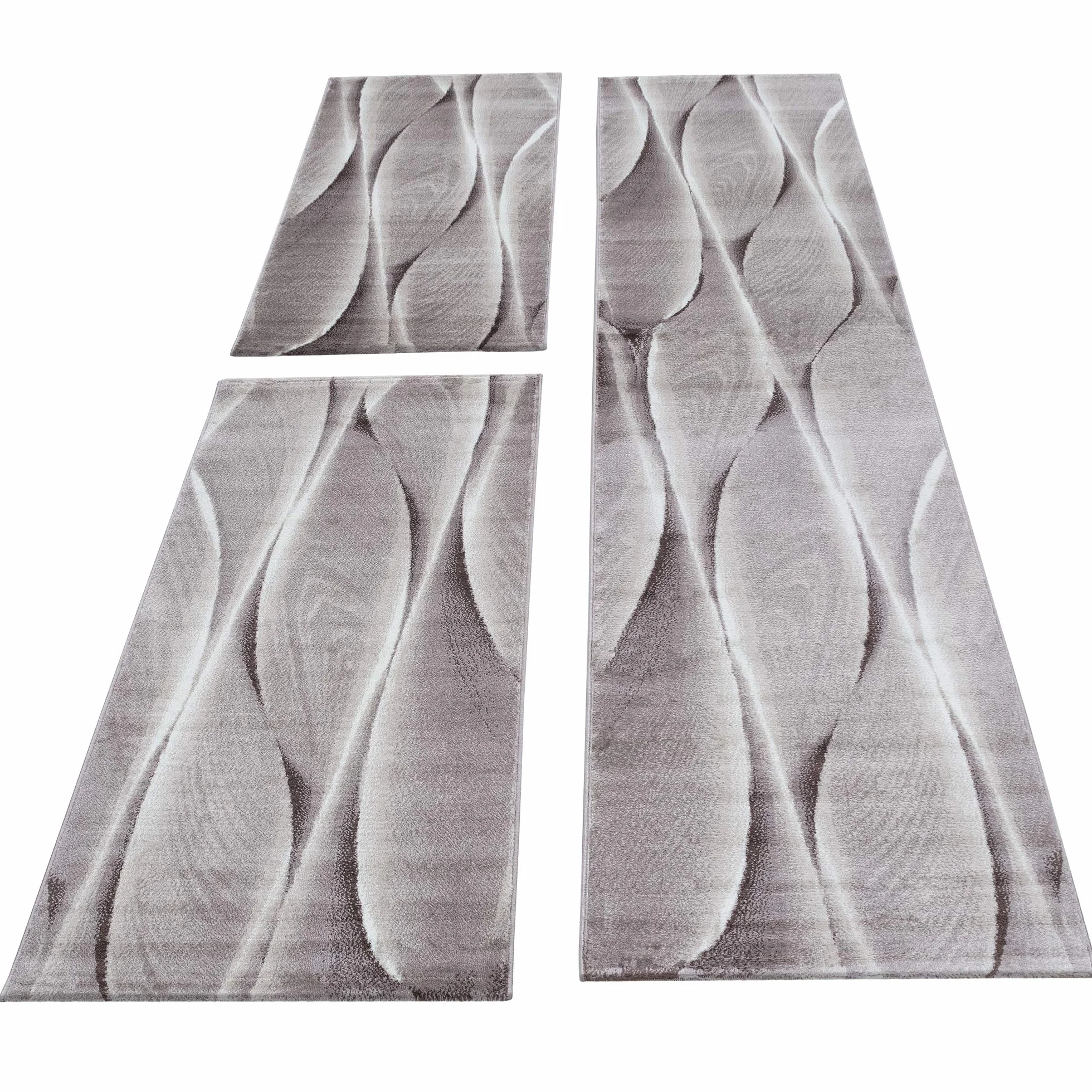 Carpettex Bettumrandung Corredores Conjunto Madera Alfombra óptica Modelo de Ondas 3 Partes Marrón Beige, Color:Marrón, Juego de Cama:2 Piezas 80x150 cm + 1 Pieza 80x300 cm