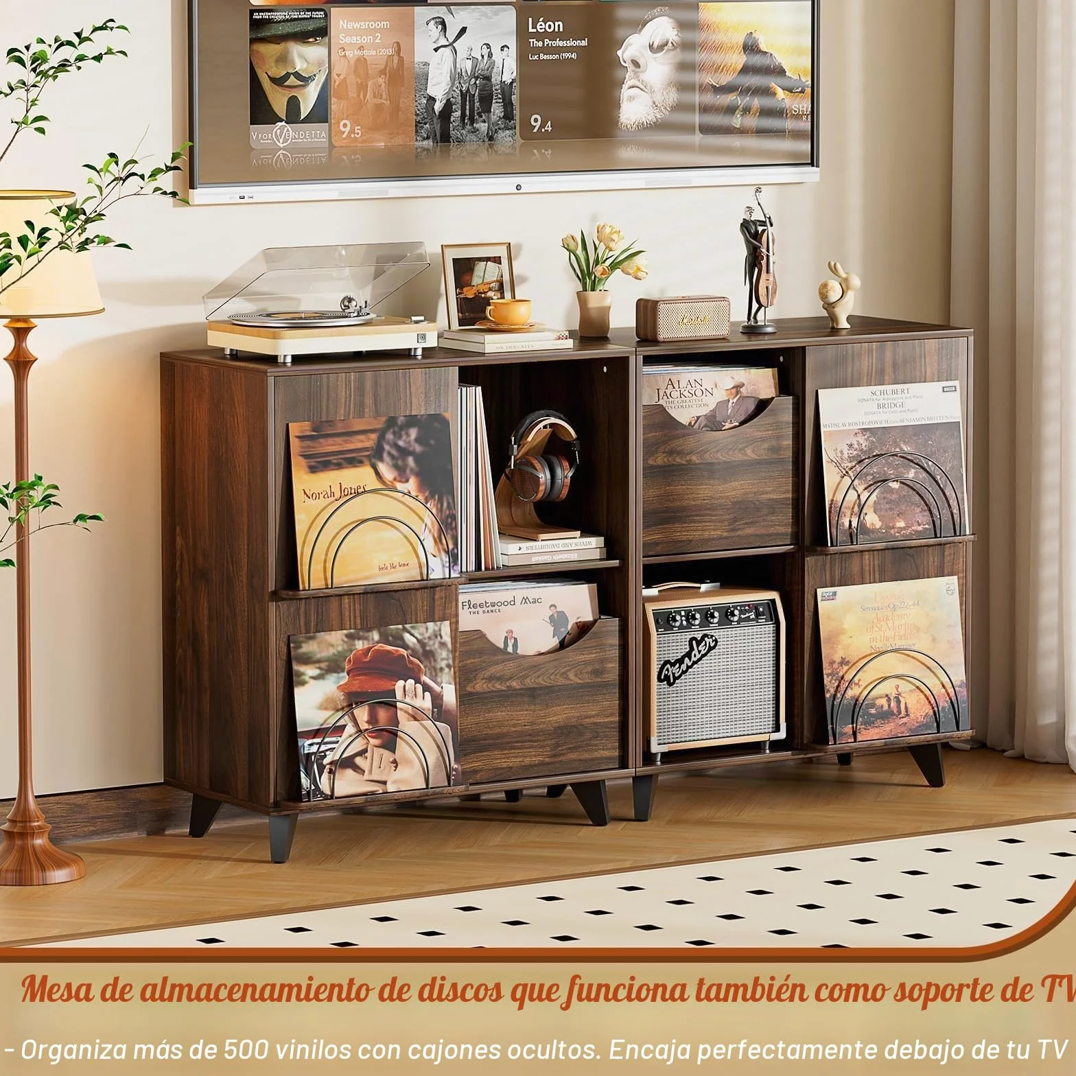 Mueble Tocadiscos con Estante para Vinilos y 2 Cajones – Mesa Auxiliar de Madera, Compatible con Todos los Tocadiscos y Altavoces