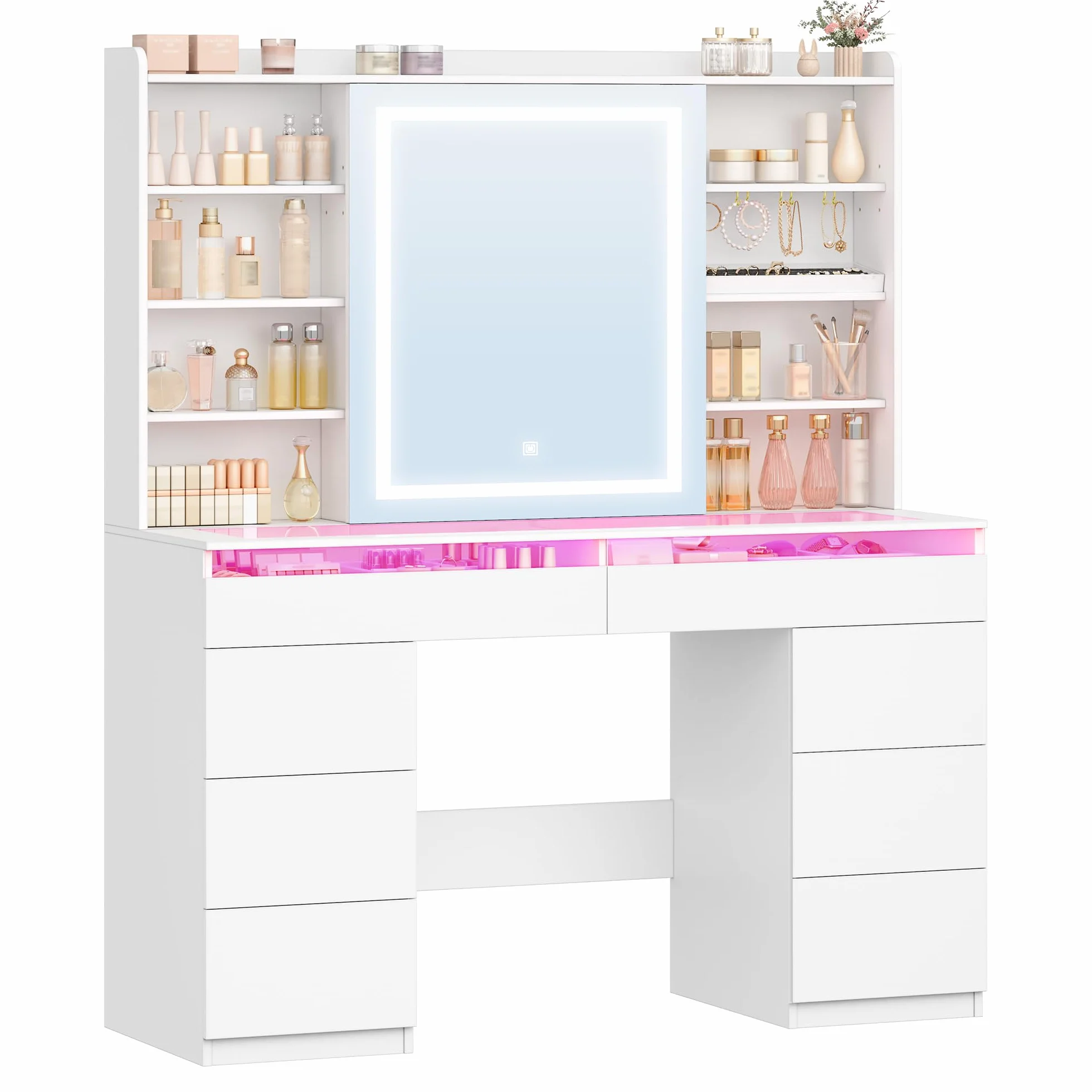 Hzuaneri 108 cm Tocador de Maquillaje, Tocador con Tablero de Cristal, Tira de Luz RGB, 8 Cajones, 9 Estantes de Almacenamiento Abiertos, Apto para Dormitorio, Blanco 1180203XEU