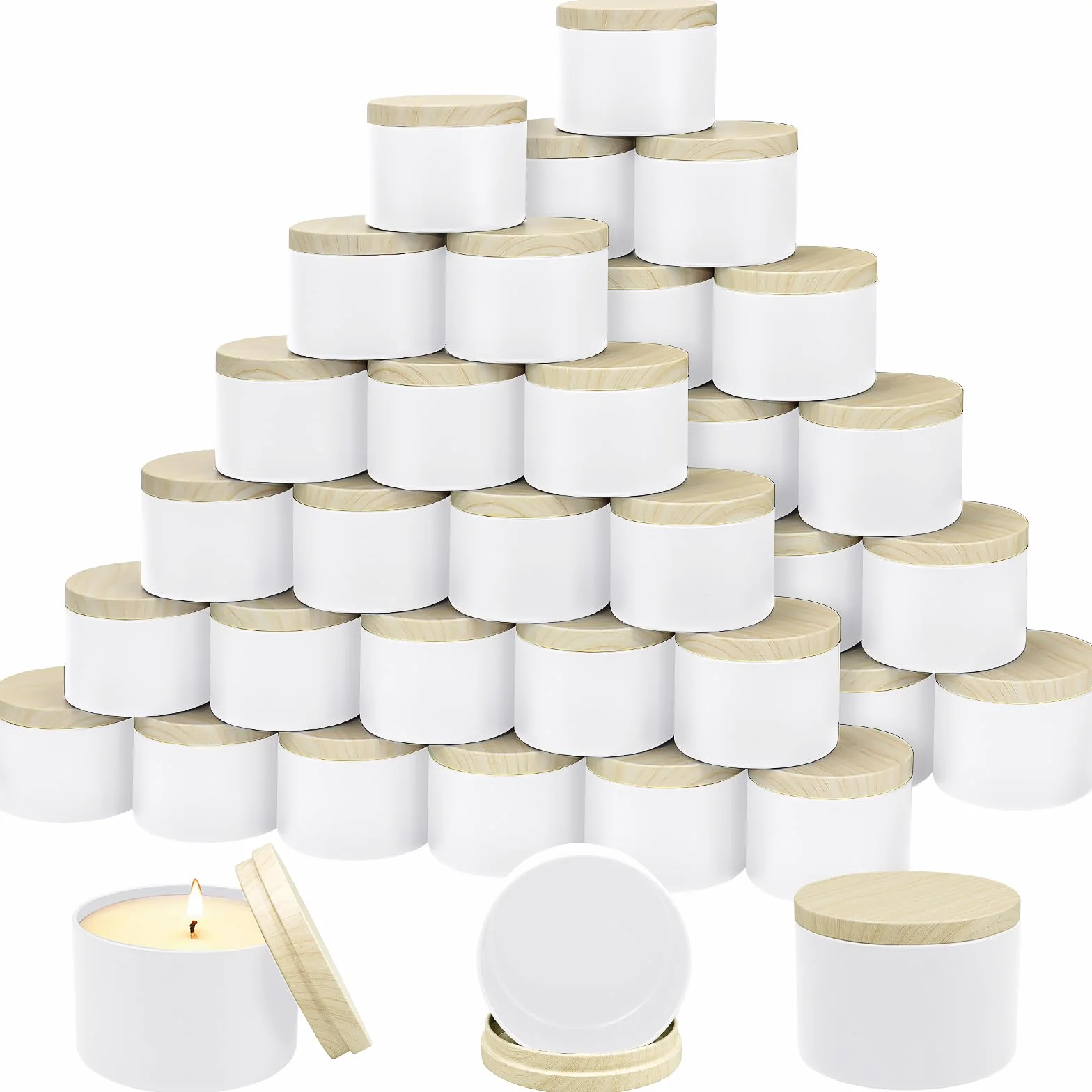 Kaxtde Juego de 48 botes de velas blancas con tapa de madera, 120 ml, pequeños recipientes de metal, para velas redondas, para manualidades, especias, joyas, polvo, dulces, ungüentos