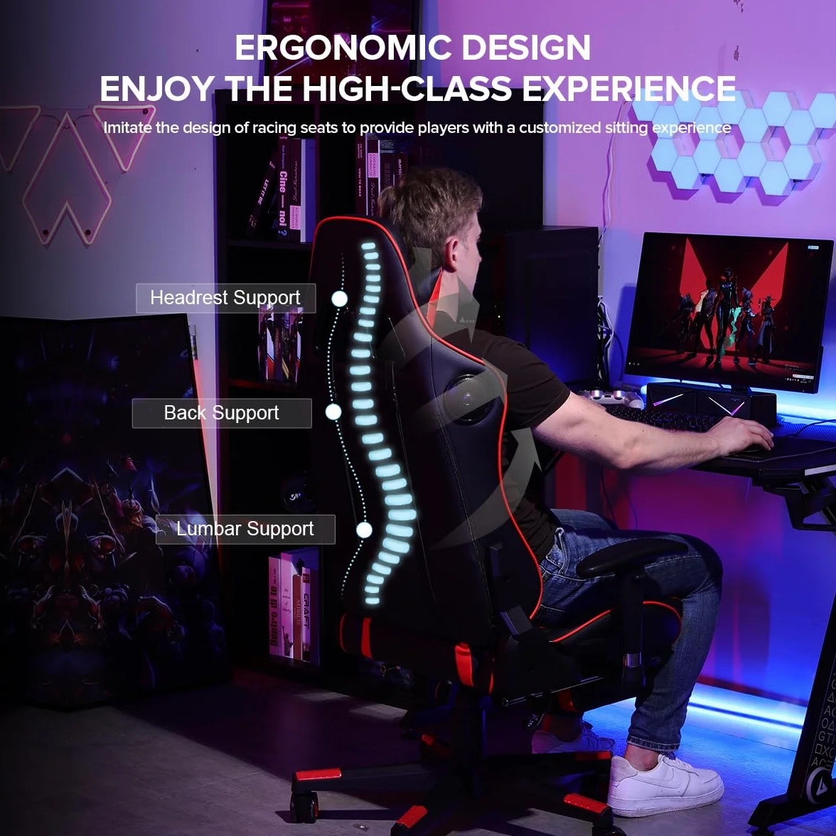 GTPLAYER Silla Gaming con Altavoz Bluetooth Reposapies Escritorio Oficina Gamer Ergonomica con Cojín Reposabrazos 3D Ajustables Respaldo Reclinable Multifuncional Rojo