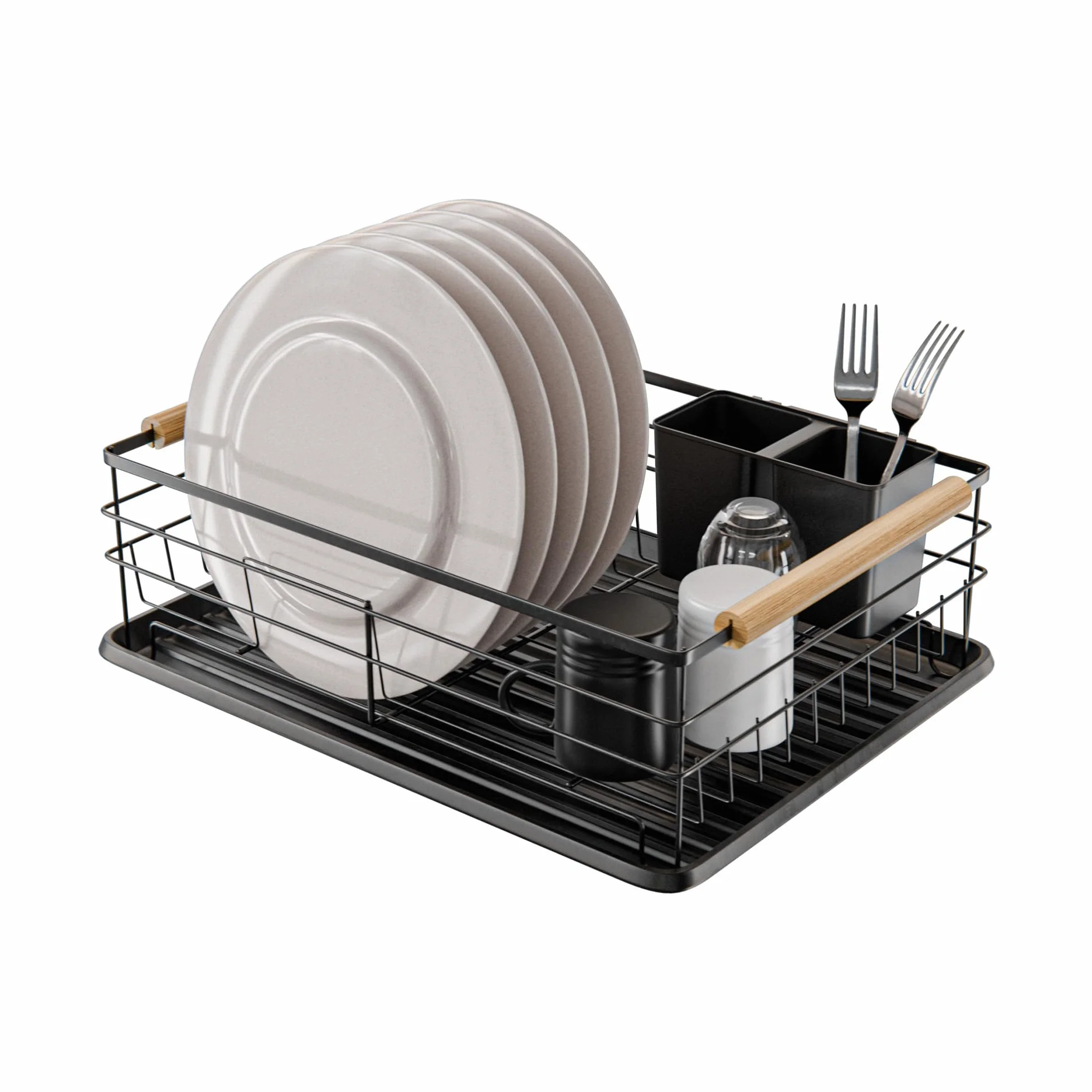Amig - Escurreplatos Graz II Negro - 42 x 31,5 x 15 cm - Acero con Mango de Madera - Color Negro - Escurreplatos con Bandeja de Goteo y Soporte para Cubiertos - Capacidad 10 Platos y 6 Vasos
