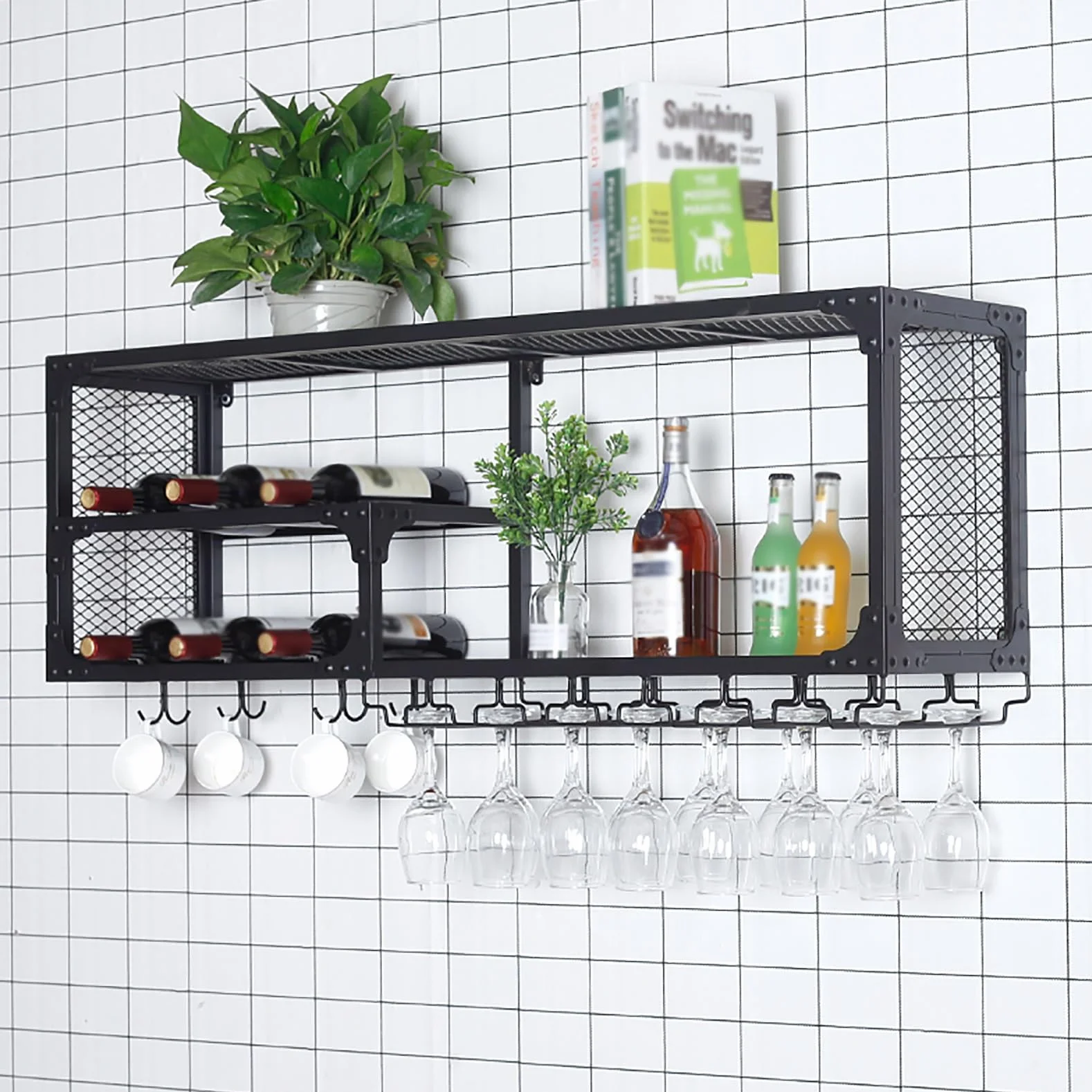 Botellero De Hierro Industrial,Enfriador De Vino Montado En La Pared,Botellero De Almacenamiento Multifuncional,soporte Para Botellas De Metal,Estante De Exhibición,Soporte Para Copas De Vino ( Size :