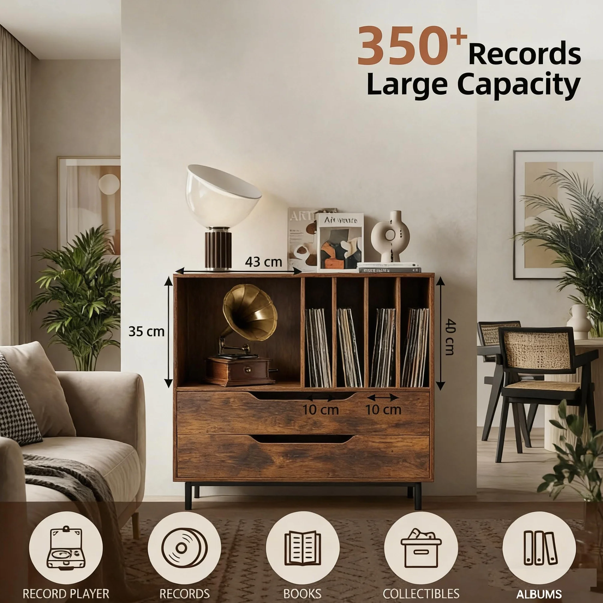 KOMFOTTEU Mueble para Tocadiscos con 2 Cajones, Soporte de Vinilo, Patas de Metal, 91x36x87 cm Marron