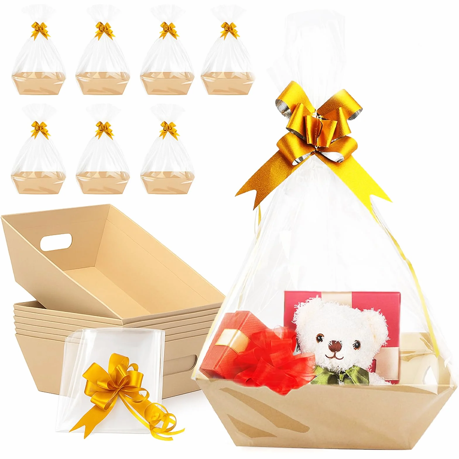 Juego de 44 cestas de regalo vacías, 12 cestas para regalos, bandeja vacía de mercado Kraft con asas, 16 bolsas de celofán y 16 lazos para tirar, para Navidad, Acción de Gracias, Pascua, cumpleaños,