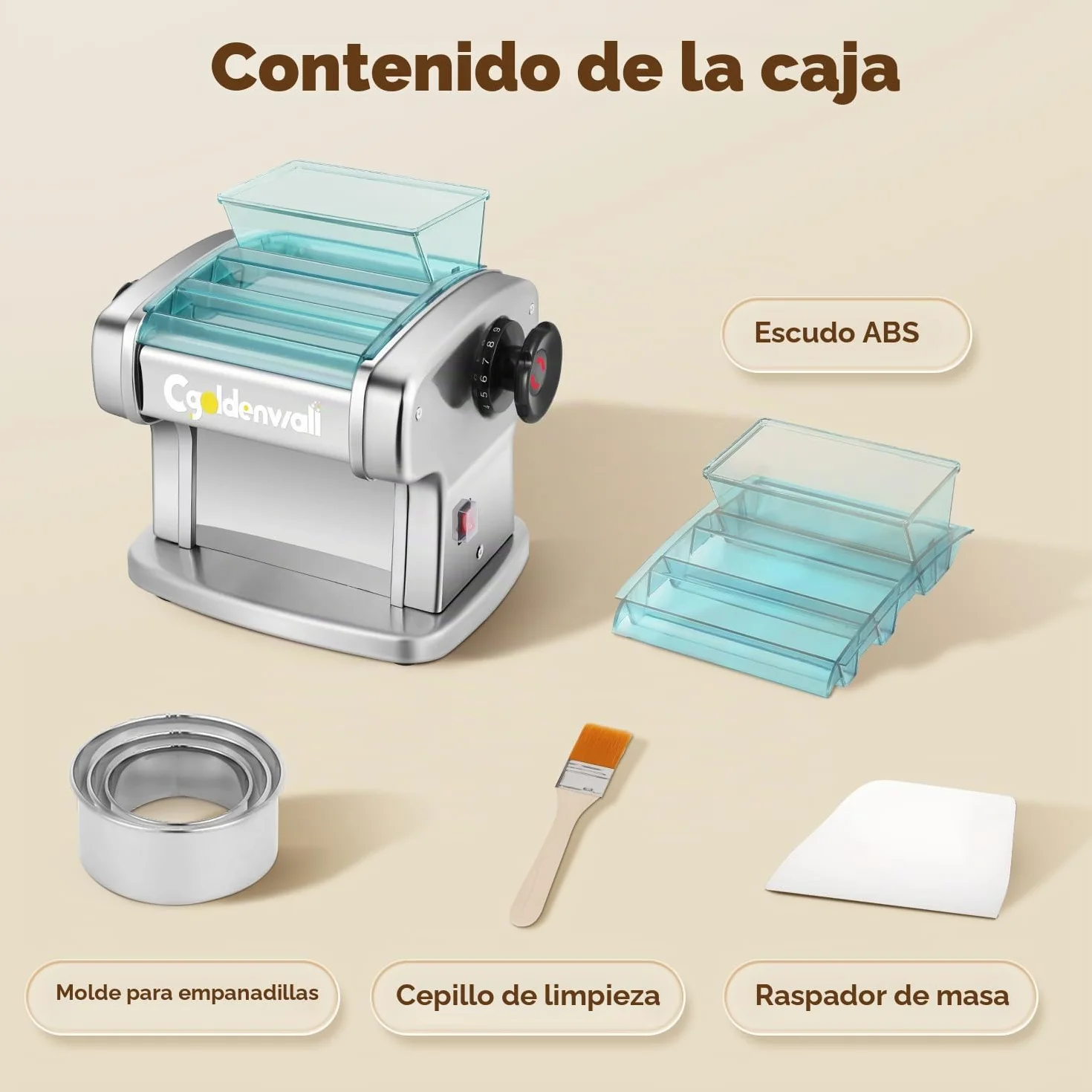 CGOLDENWALL Máquina de Pasta Eléctrica Fresca, Motor de 135W con 2 Cuchillas (2.5 mm/4 mm) y 9 Grosores Ajustables de 0.5-5 mm, Protectora de ABS, Acero Inoxidable para Hacer Espaguetis