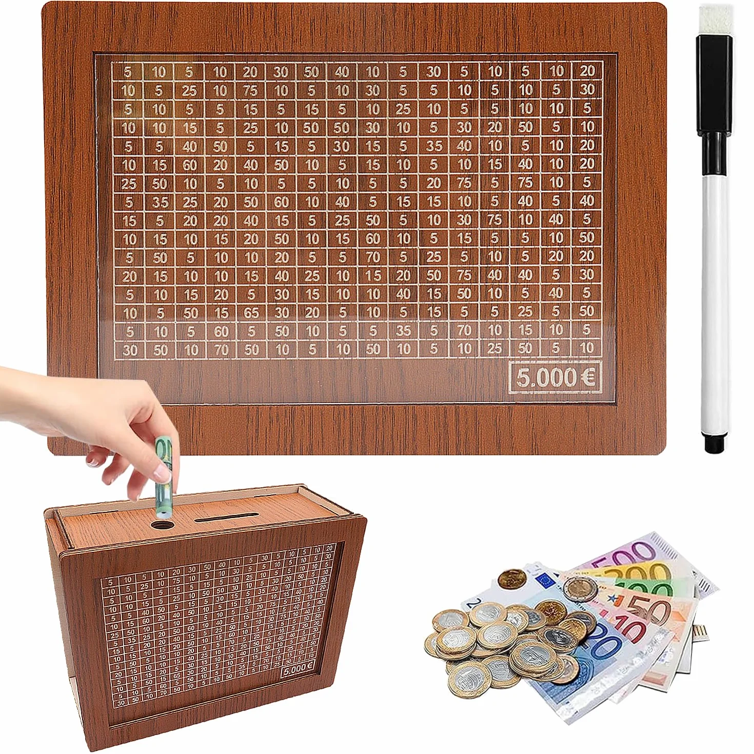 5000 Euro Hucha de Madera, Caja de Ahorros de Madera Reutilizable, Huchas para Adultos y Niños