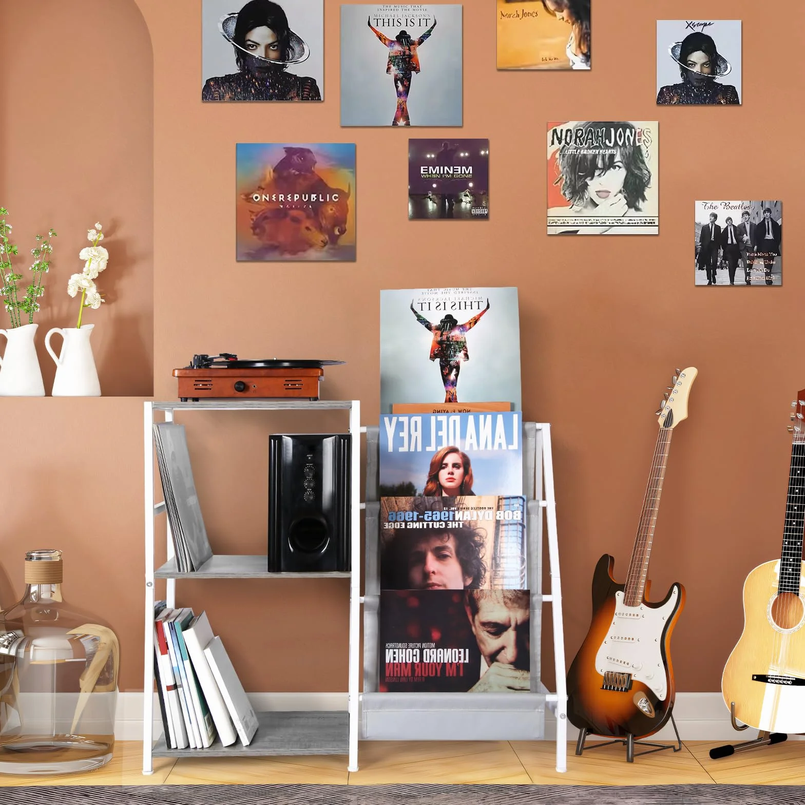 Mueble Tocadiscos con Soporte Vinilos de 3 Niveles, Mesa Reproductor Vinilo, Gris y Blanco