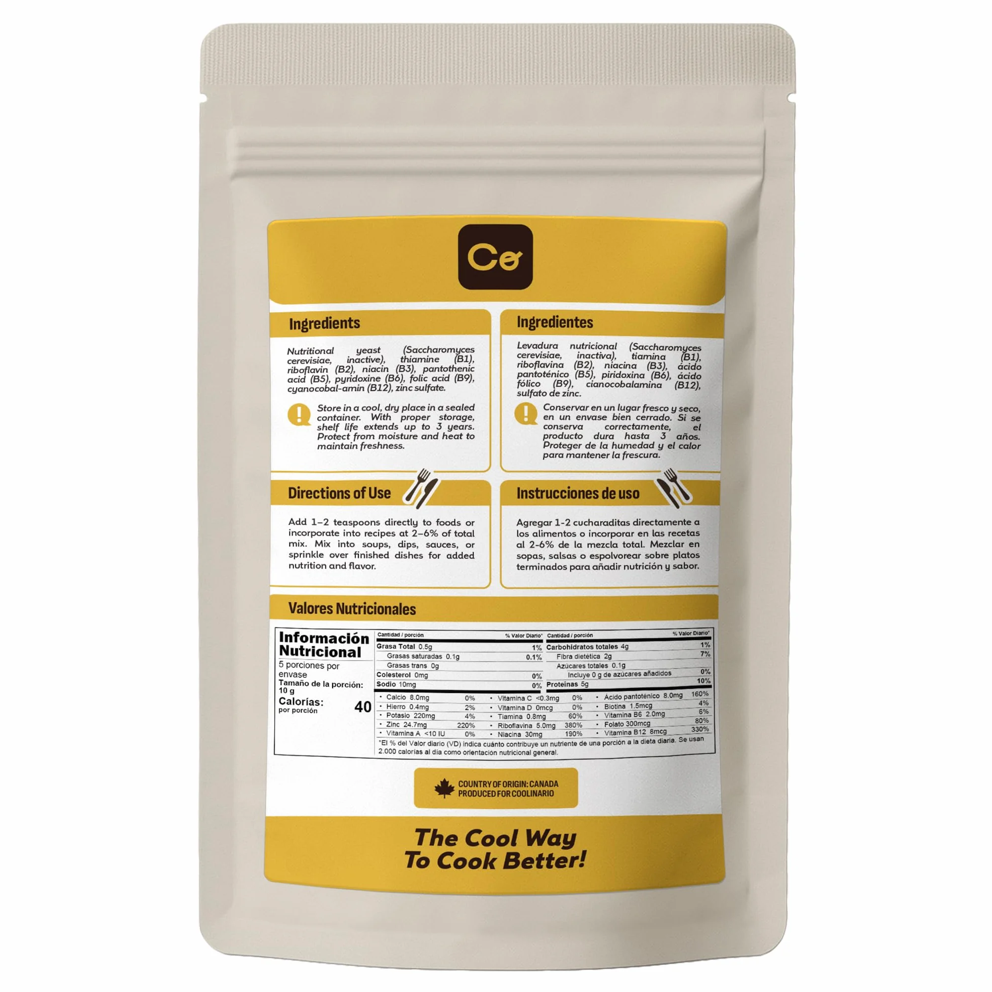 Coolinario Levadura Nutricional Fortificada 56 g Condimento Vegano Sabor Queso Rica B12 Proteína Fibra