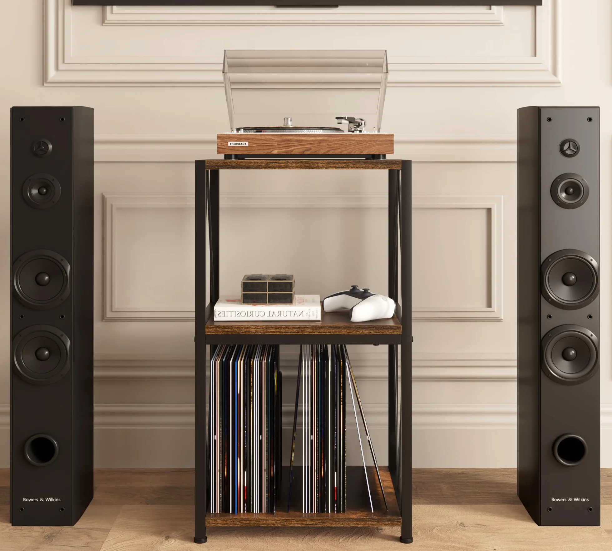 HFHOME Soporte para tocadiscos de 3 niveles con almacenamiento de vinilo
