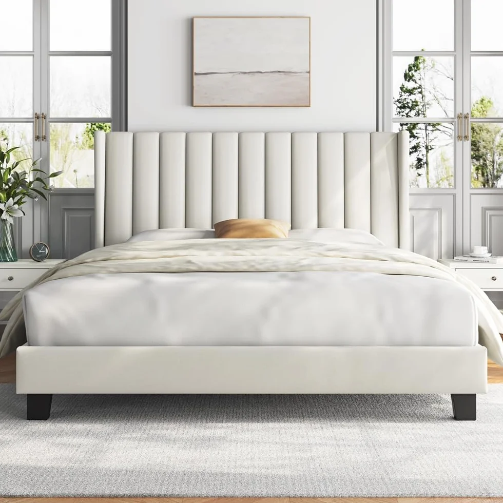 Cama tapizada 160 x 200 cm Cabecero a Rayas con Alas Láminas de Madera y Metal Beige