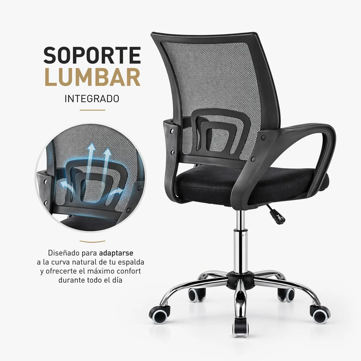 Silla de Oficina Ergonómica con Ruedas y Respaldo Transpirable Altura Regulable Soporte Lumbar