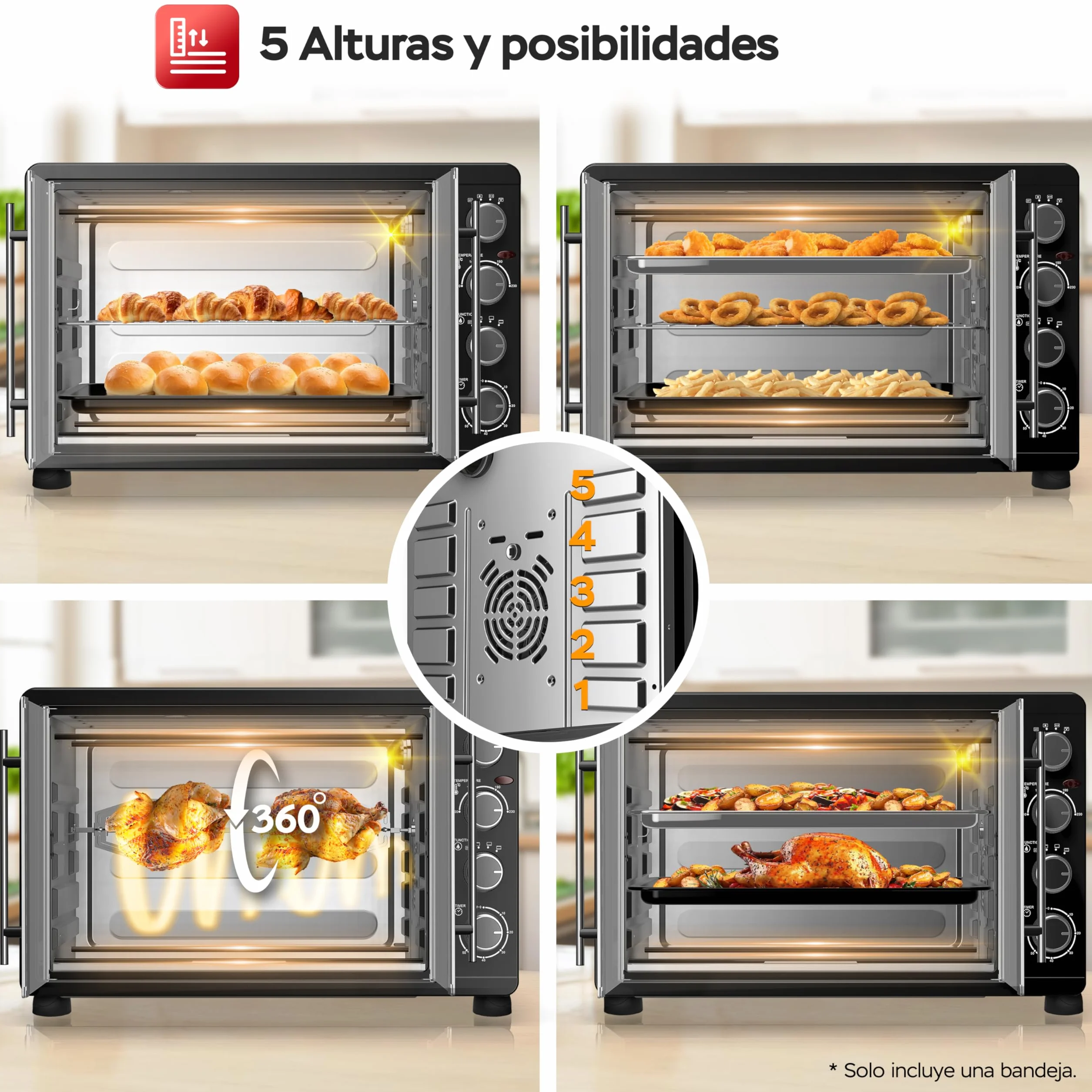 TurboTronic Mini horno con recirculación de aire 45L 2000W negro pincho giratorio temporizador
