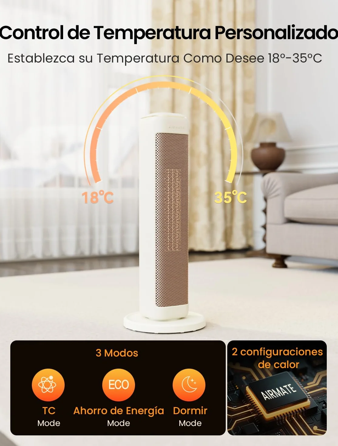 AIRMATE 63cm Calefactor Torre Bajo Consumo, 2000W Calefactor Cerámico Bajo Consumo con Oscilación 80°, 24H Heater Protección Sobrecalentamiento y Vuelco Calefactor Aire Caliente Eléctrico Dormitorios