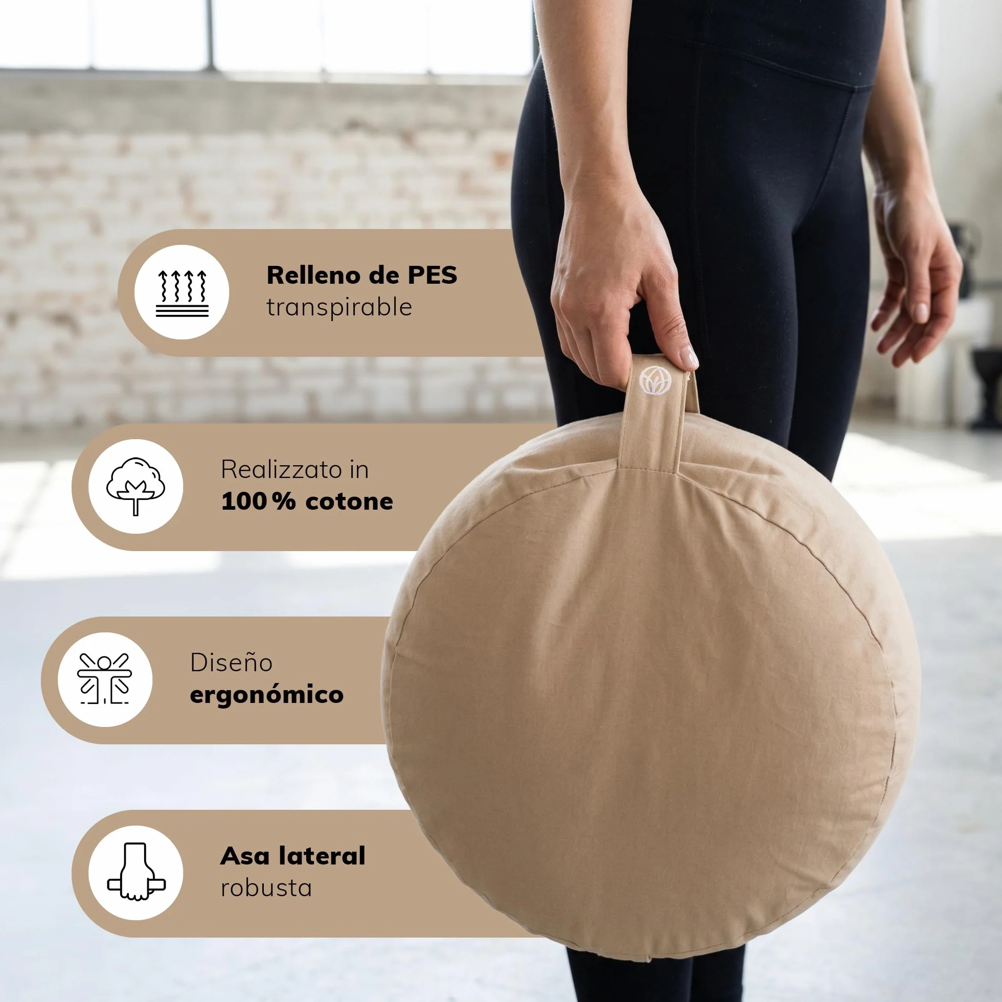 Cojín Yoga Meditación Redondo 29 cm 10 cm Plano 255 g Ligero Beige