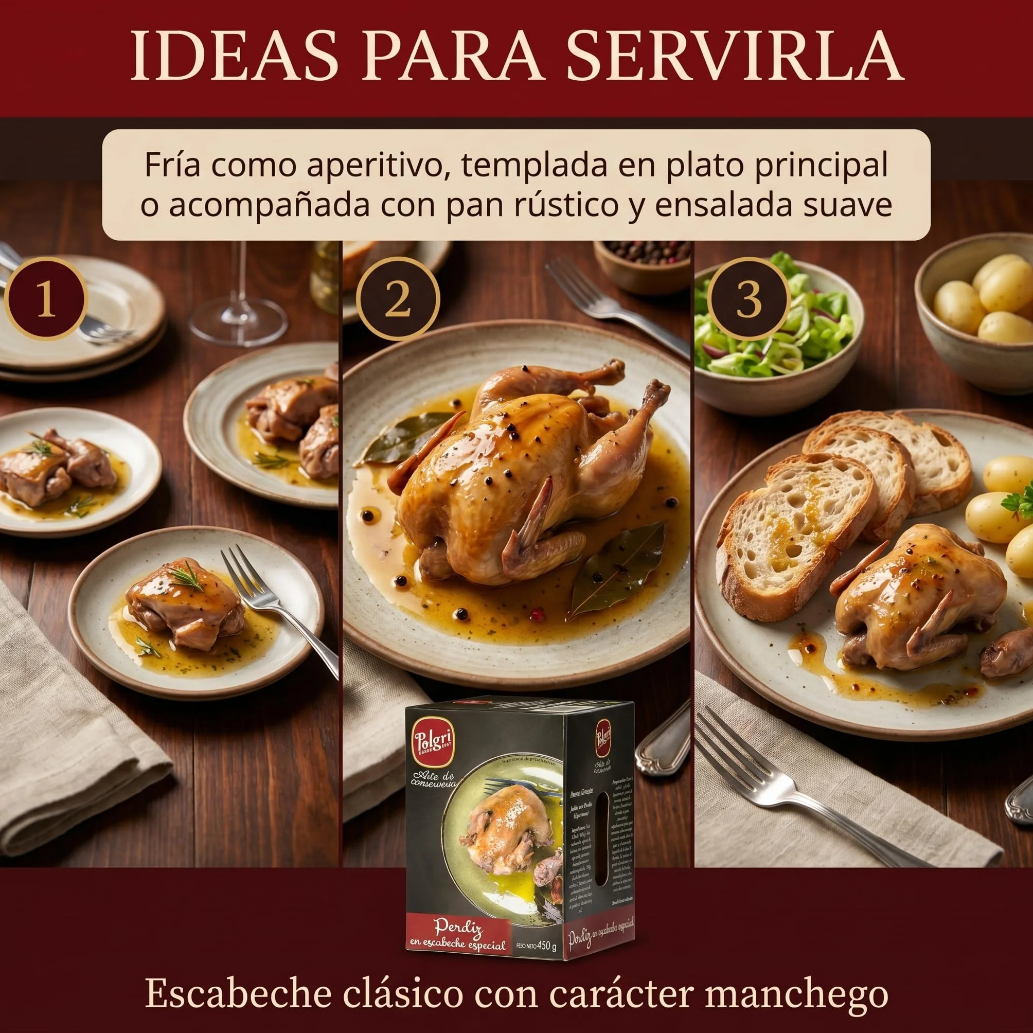POLGRI Perdiz en Escabeche Conserva de Caza 450 g Lata Estuchada Plato Preparado Receta Manchega