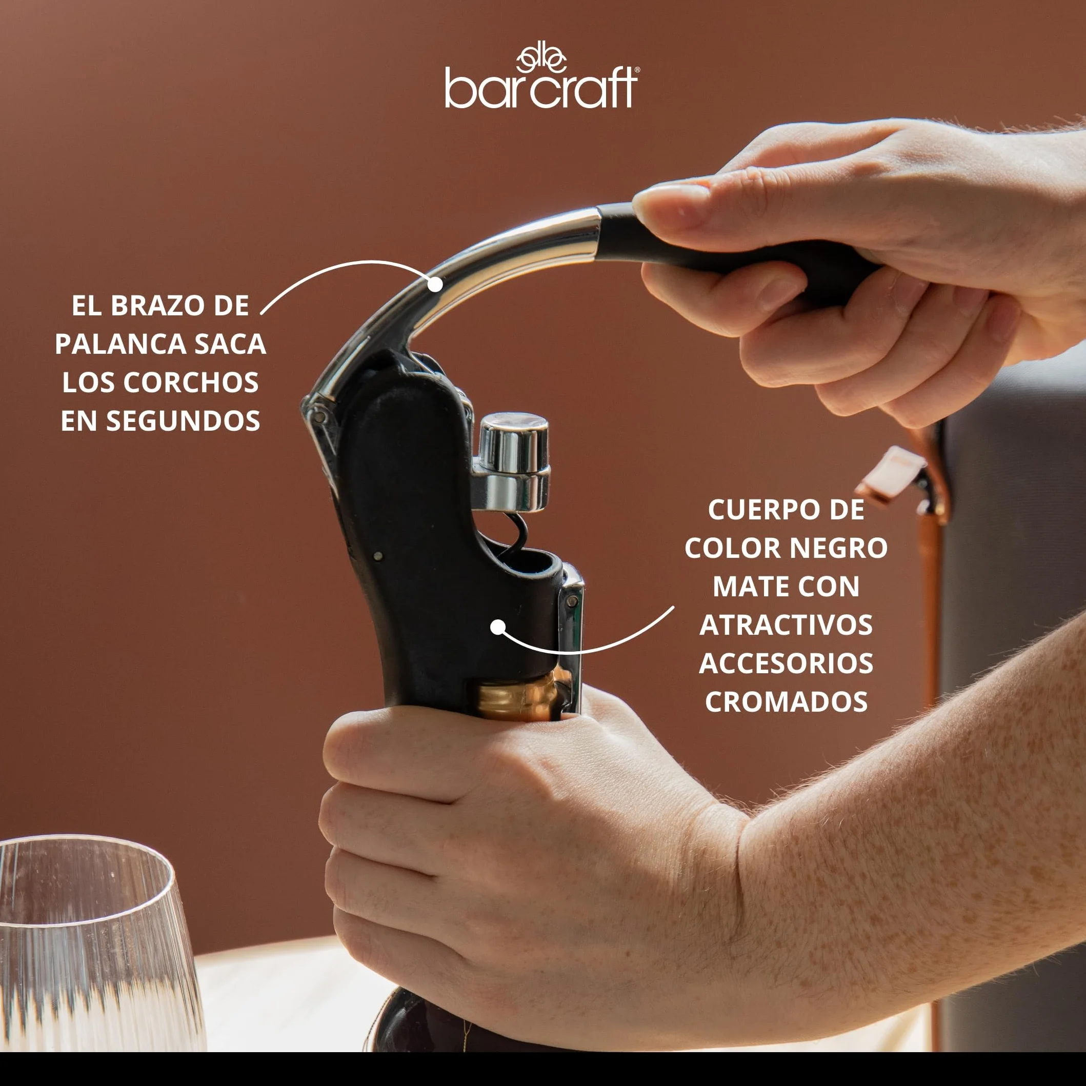 BarCraft Sacacorchos de Lujo Abridor de Botellas Vino Cortador Lámina Integrado Negro Cromado