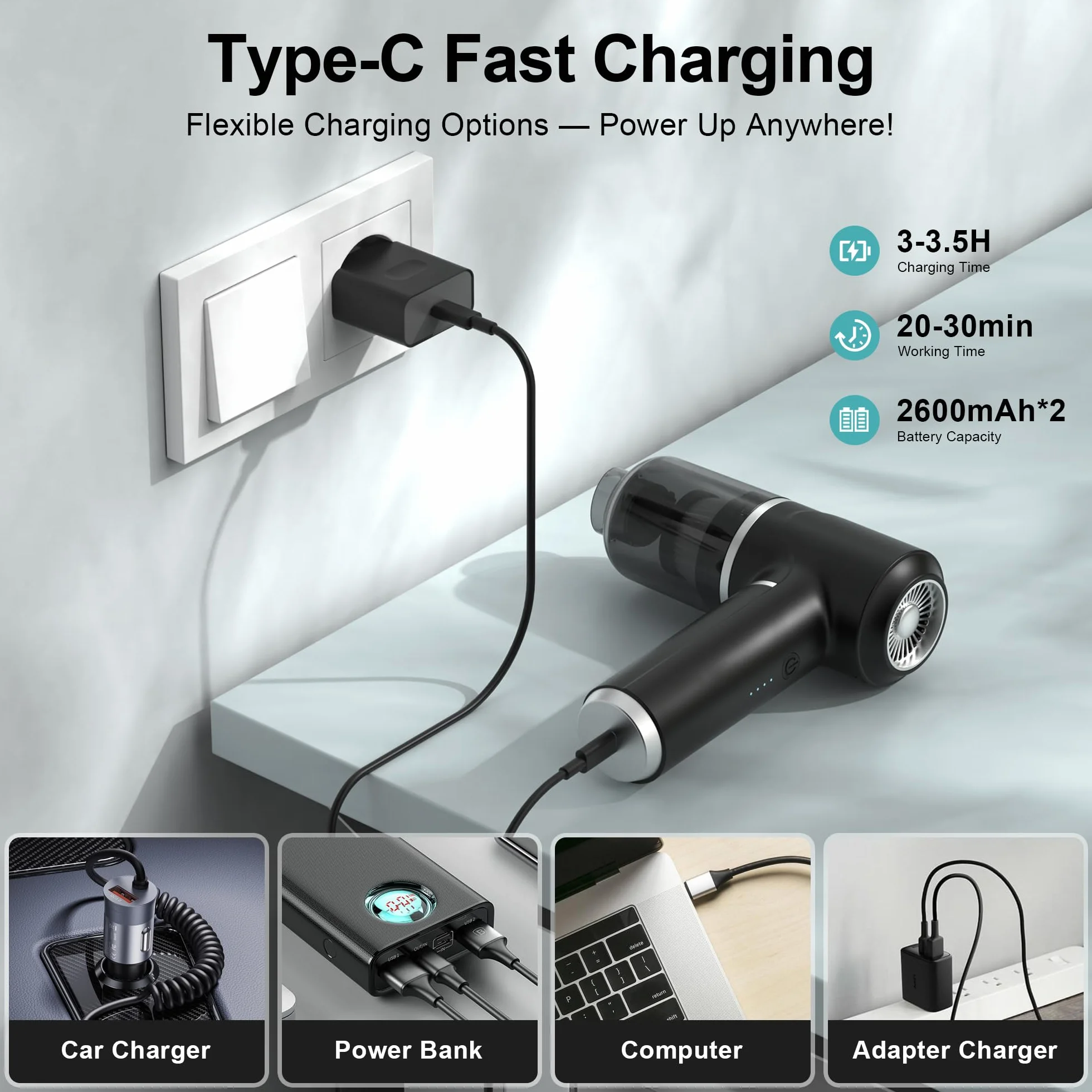 Aspirador de Mano 30kPa sin Cable Potente Recargable con Motor sin Escobillas para Coche