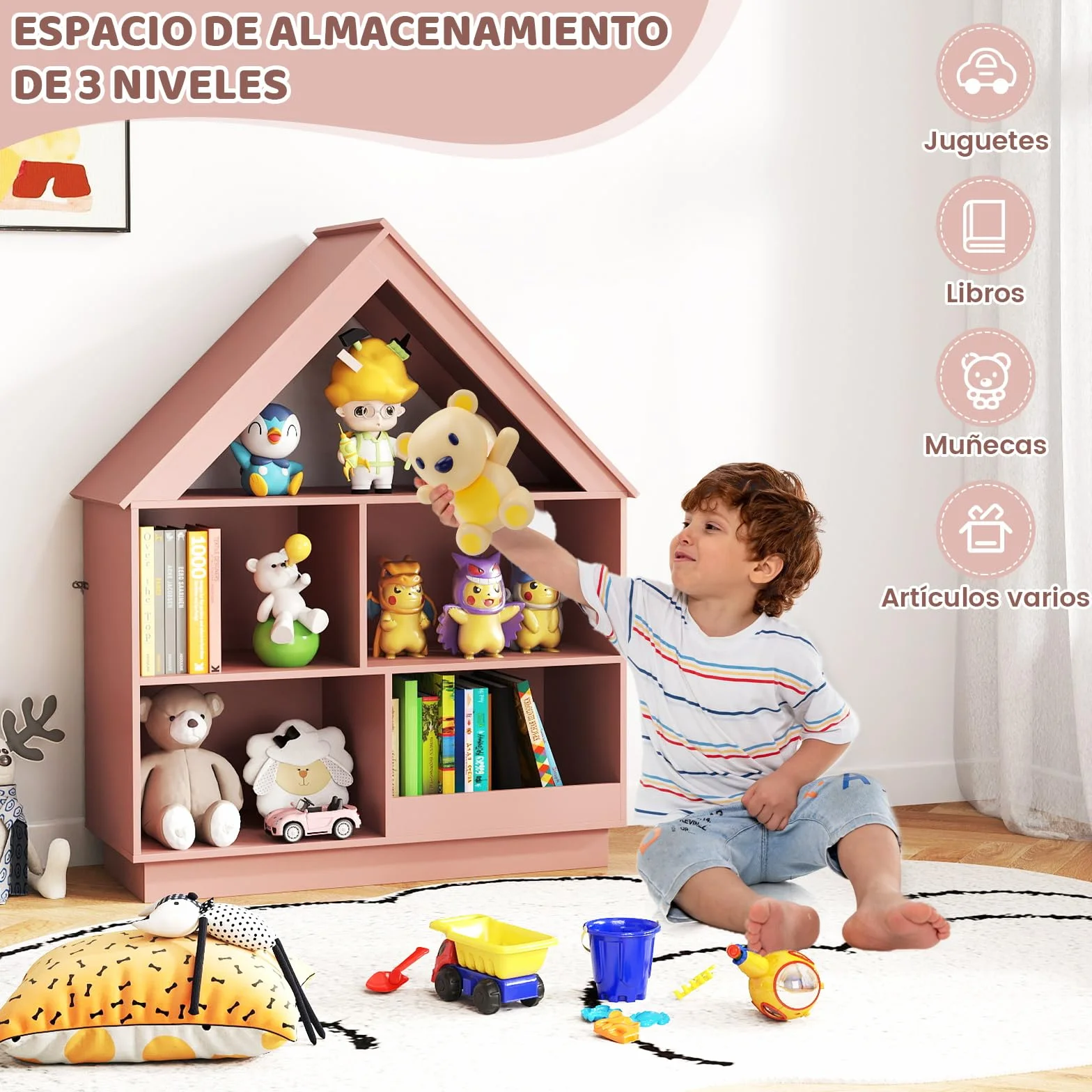 COSTWAY Estantería Infantil para Muñecas, Librería Infantil en Forma de Casa, Armario de Almacenaje de Juguetes de Madera con 5 Cubículos, Estante Abierto de 3 Niveles para Niños (Rosa)